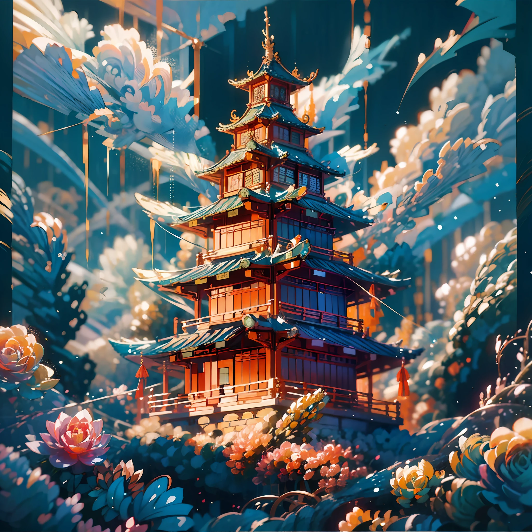 Close-up of crane poster on tower, Inspired by Yoshida Hanbei, Japanese inspired poster, digital painting of a pagoda, travel poster, inspired by Hiroshi Yoshida, drak, author：Inglida Juniper, author：Aya Goda, author：Juda