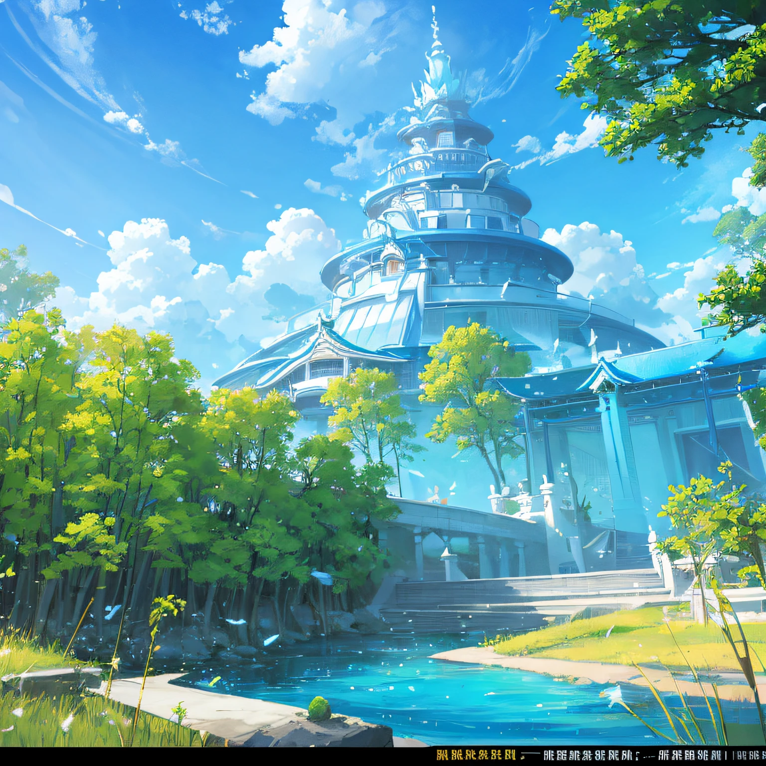 with blue sky and white clouds,the woods,bamboos ,Crystal clear river,River side,A beauty,play --auto