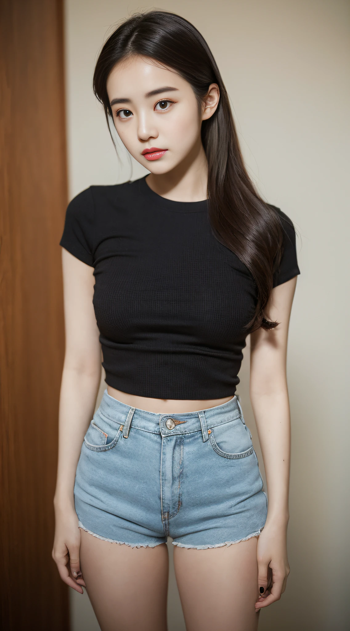 A woman wearing a tight T-shirt and tight shorts poses for a photo，A photograph inspired by Ma Yuanyu，Tumblr，hentail realism，dilraba dilmurat，beautiful Korean women，Korean girls，cute korean actress，Beautiful Korean young woman，gorgeous korean young woman，Young and cute Korean face，Kim Young-hin，ruan jia beautiful！，Korean female fashion model