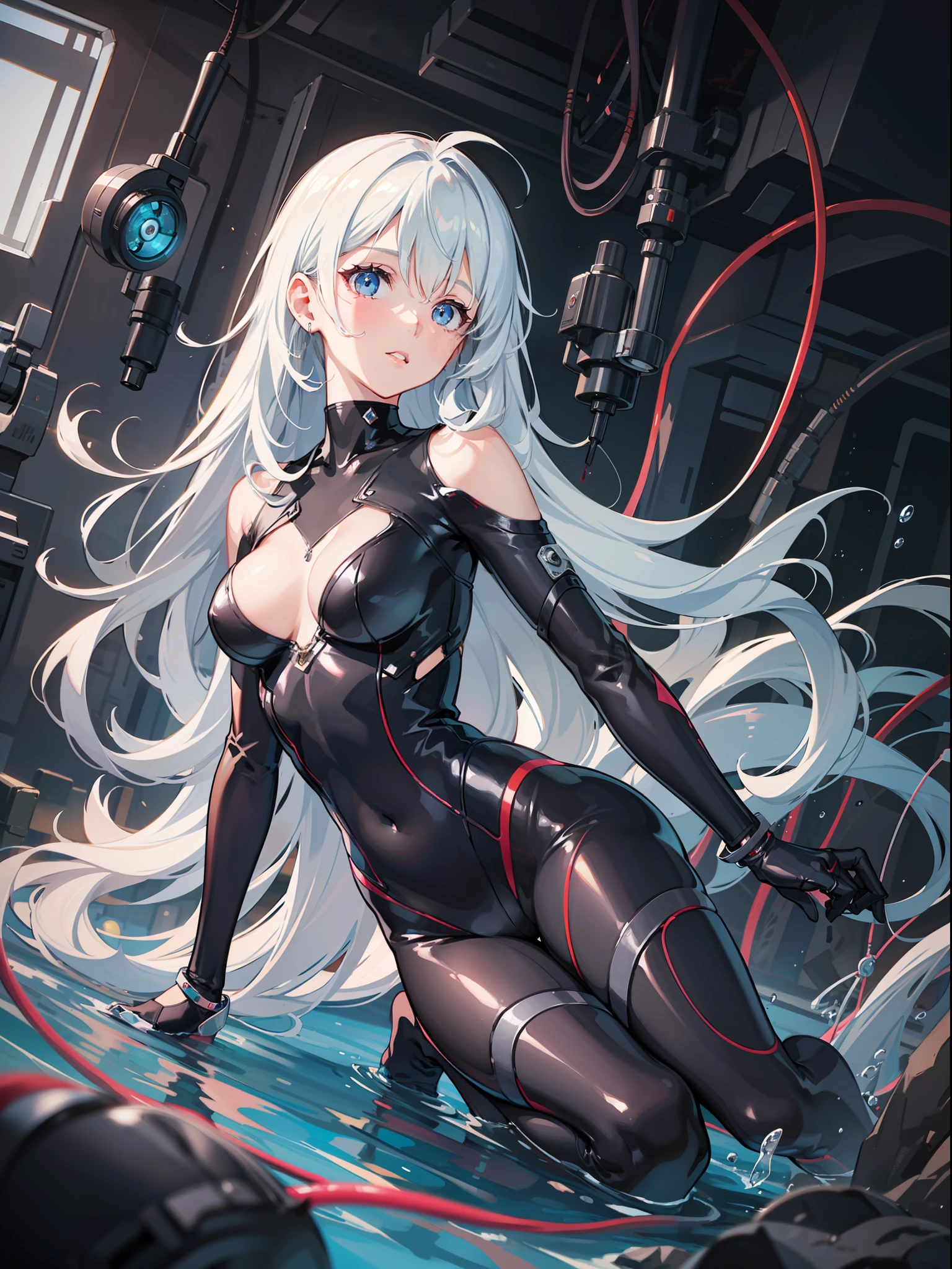 tmasterpiece，high high quality，Top quality，officla，beautiful aesthetic：1.2），Extremely high consistency，a color，Most detailed（（ultra - detailed）），（highly detailed CGillustration），（（Very tasty and beautiful）），cinemic light，incubator，1girll，long whitr hair，solo person，Under the water，extra very long hair，Buble，The barefoot，airbubble，boobgasm，tightsuit，submarine，Anklets，Easy to review，Freediving，medium boob，Mechanically manufactured joints，Blood vessel attached to tube，Mechanical spine，Mechanical neck，expressiveless，Wired and cable connection to the neck，Wired and wired heads，Character focus，Science fiction，Blood