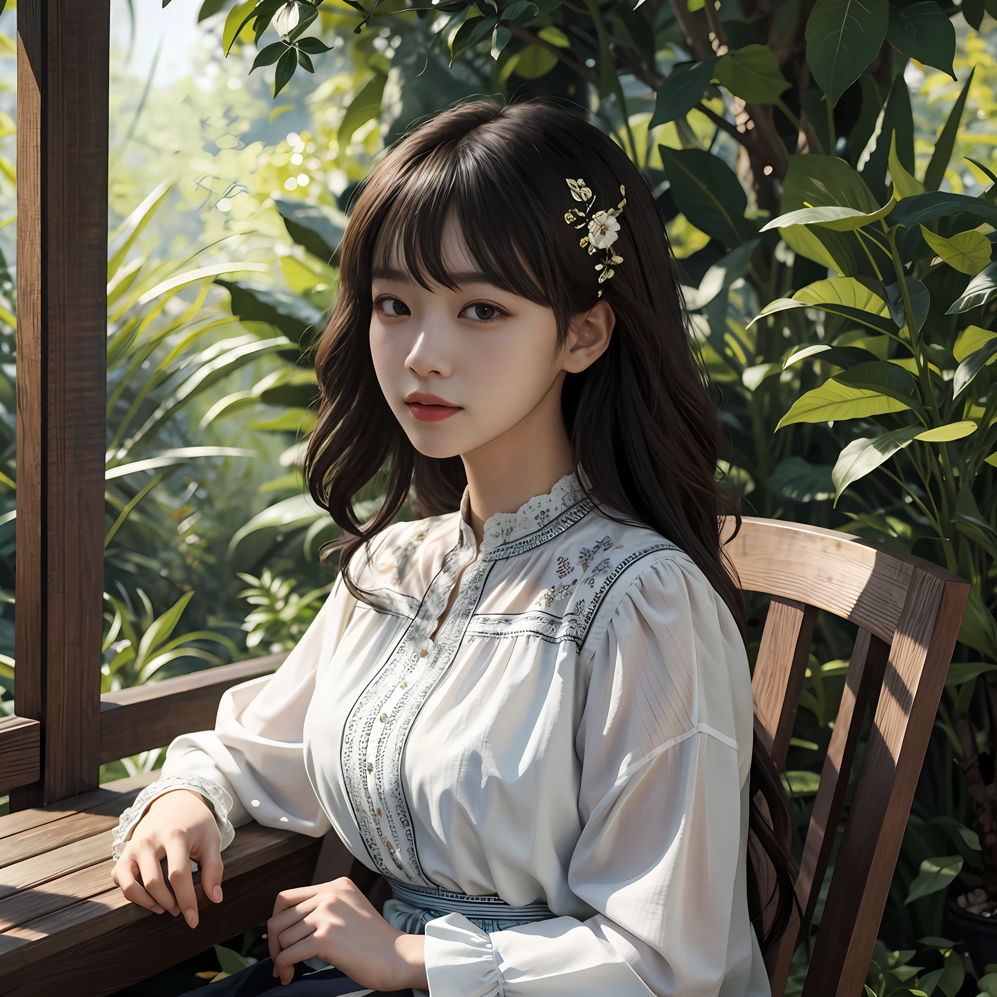 there is a woman sitting on a bench in a garden, ulzzangs, tidy hair,By bangs, Shin Jinying, lalisa manobal, jaeyeon nam, Official artwork, portrait of female korean idol, sakimichan, inspirado por Kim Jeong-hui, With bangs, park jimin, 2 d cg, long whitr hair,Thick bangs