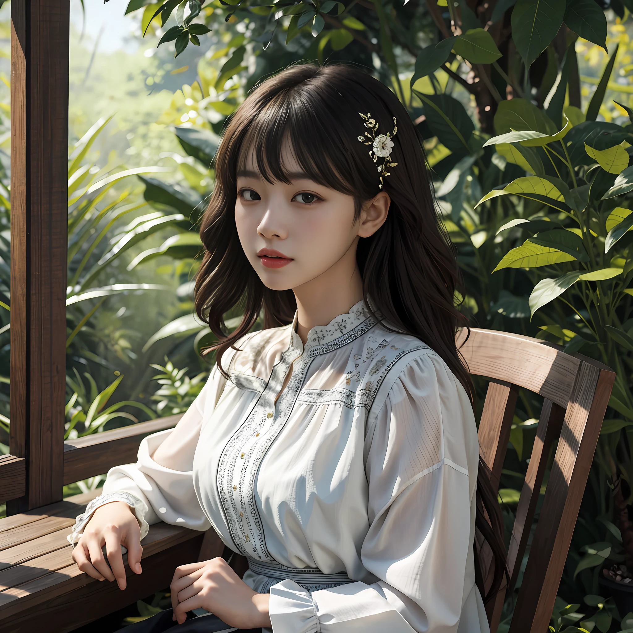 there is a woman sitting on a bench in a garden, ulzzangs, tidy hair，By bangs, Shin Jinying, lalisa manobal, jaeyeon nam, Official artwork, portrait of female korean idol, sakimichan, inspirado por Kim Jeong-hui, With bangs, park jimin, 2 d cg, long whitr hair，Thick bangs