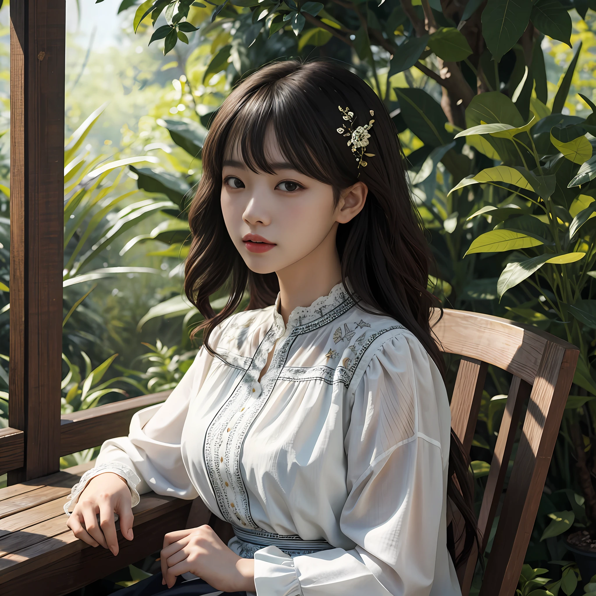 there is a woman sitting on a bench in a garden, ulzzangs, tidy hair，By bangs, Shin Jinying, lalisa manobal, jaeyeon nam, Official artwork, portrait of female korean idol, sakimichan, inspirado por Kim Jeong-hui, With bangs, park jimin, 2 d cg, long whitr hair，Thick bangs