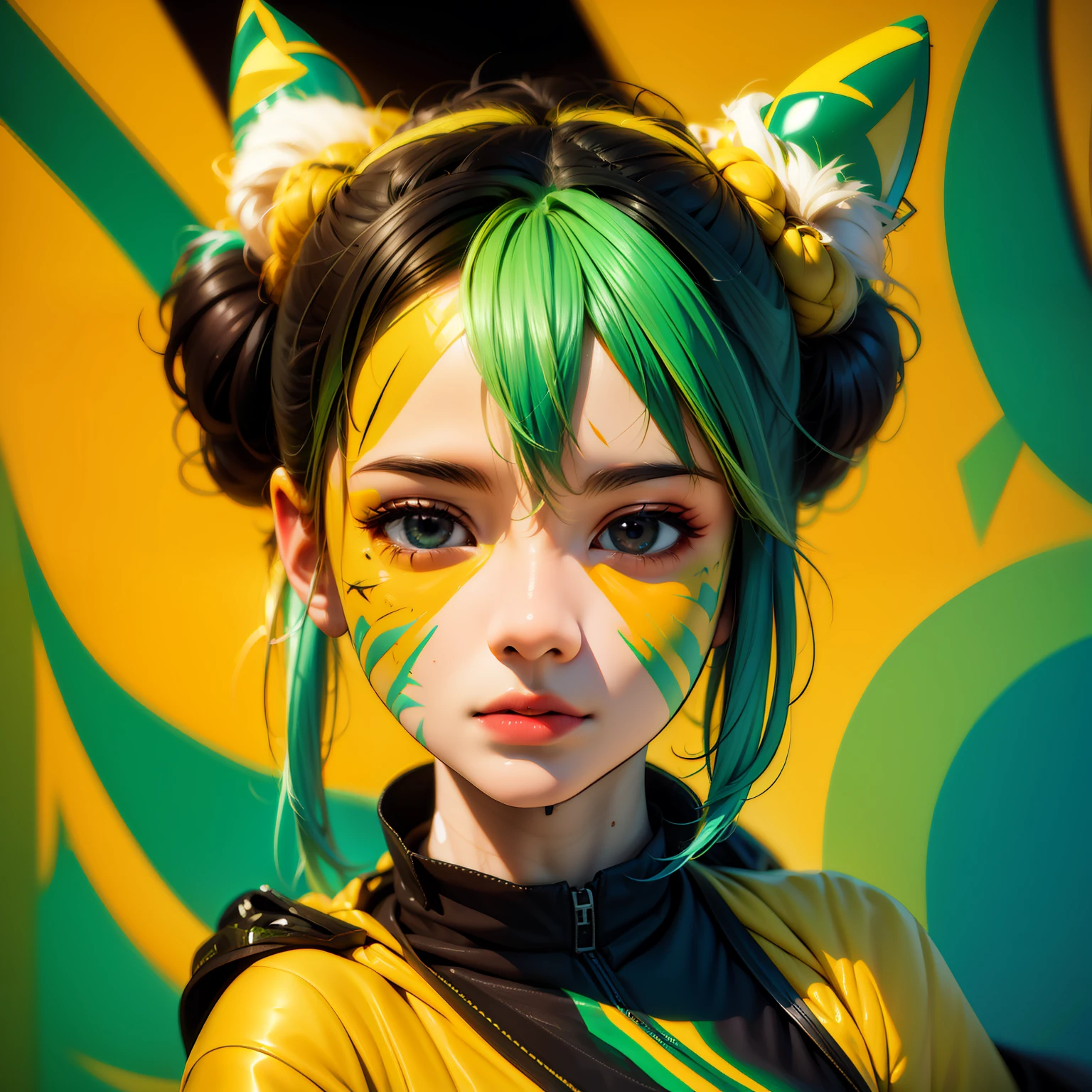 Solo exhibition, portrait, cubism, (Himeko Toga:0.8), yellow bun, green and yellow skin tone, face painting, surrealism, abstraction, facial focus, [Profile | Front : 10],