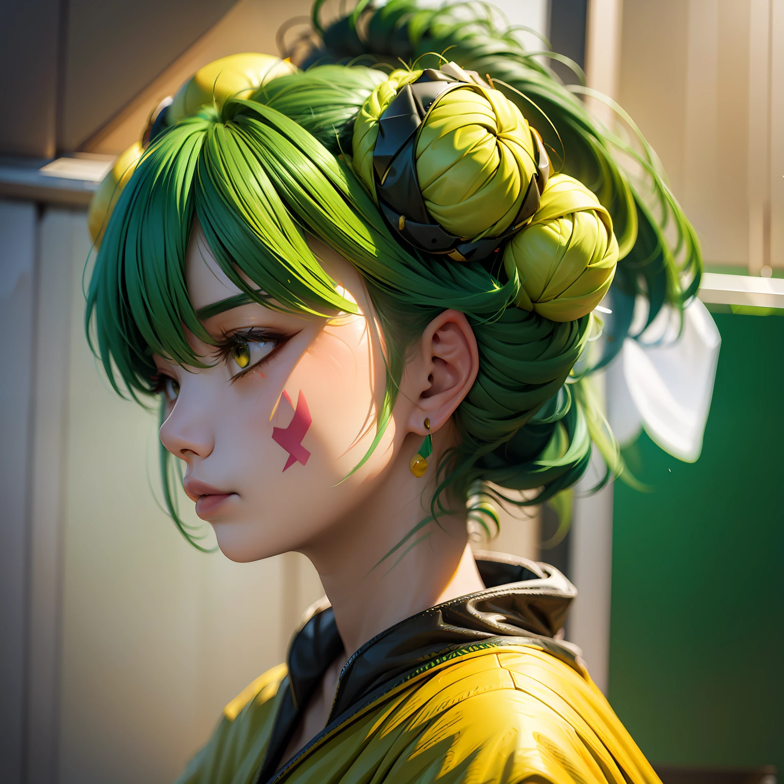 Solo exhibition, portrait, cubism, (Himeko Toga:0.8), yellow bun, green and yellow skin tone, face painting, surrealism, abstraction, facial focus, [Profile | Front : 10],