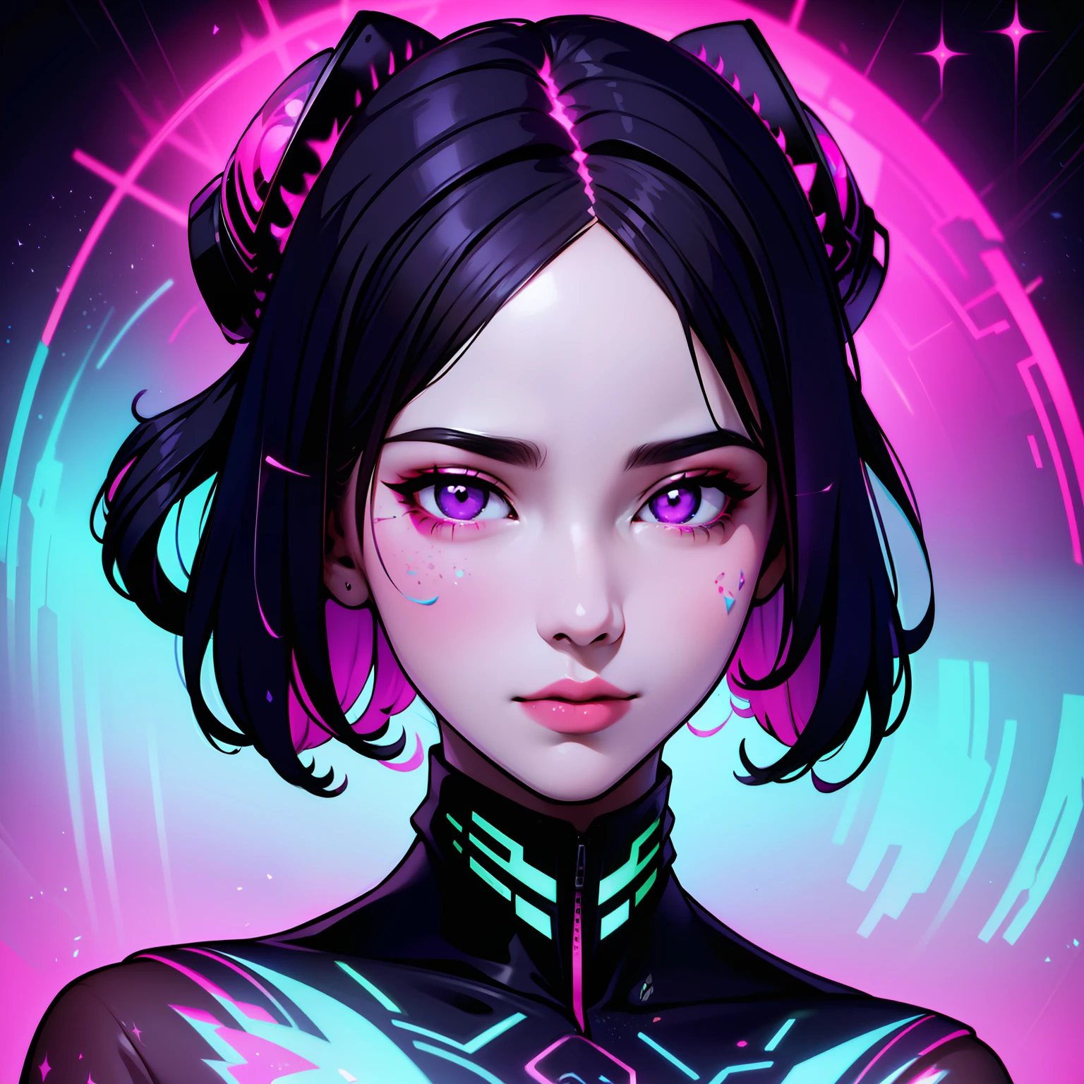 (Closeup), Portrait, Portrait, (Solo), Masterpiece, Best Quality, Clothes High Contrast, Psychedelic, [[[lsd]]], Particles, Bloom, Neon, (glow), flat color, splashs of color , color mix