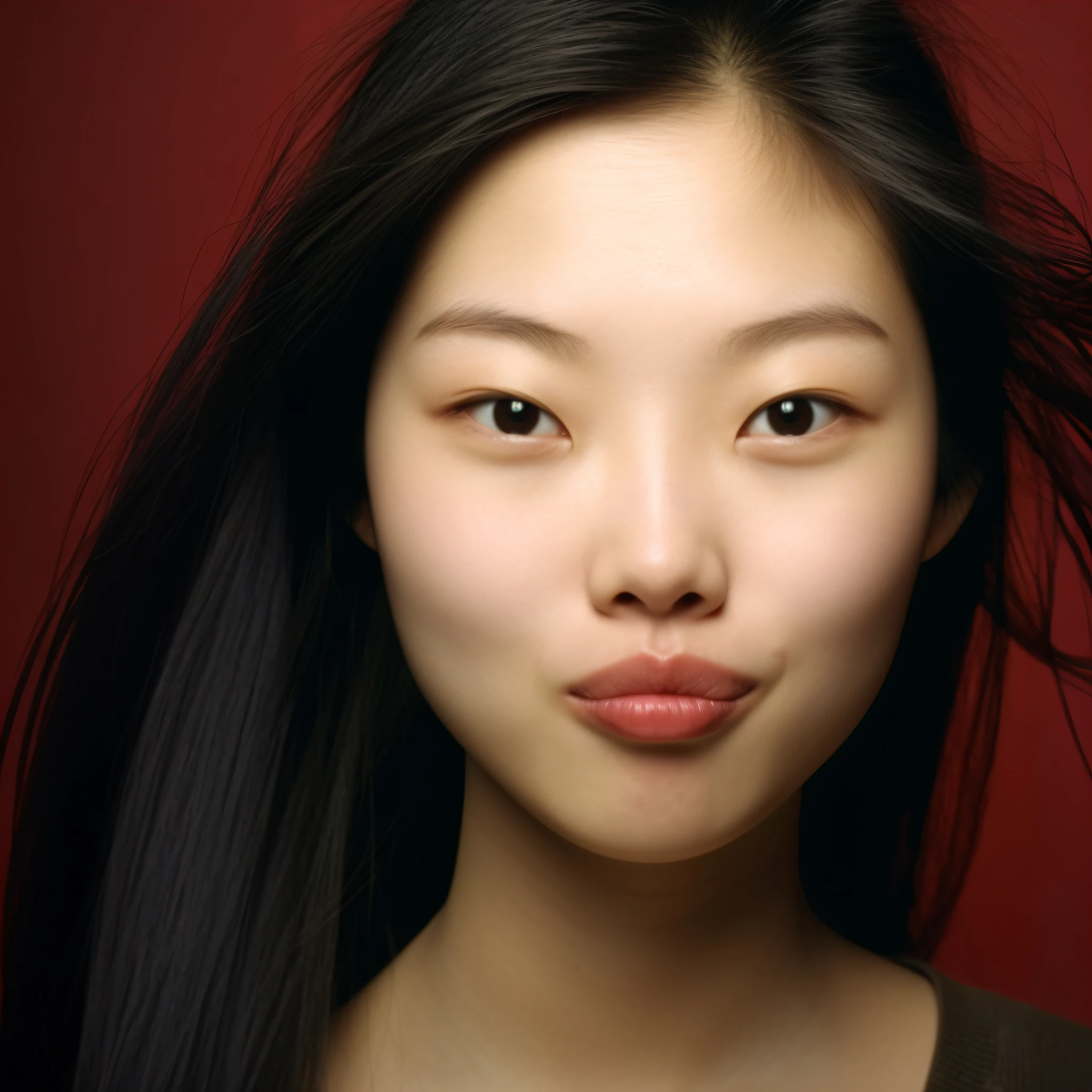 Arad woman with long black hair and brown shirt, detailed face of a asian girl, Asian face, young cute wan asian face, asian beautiful face, young lovely Korean faces, Korean symmetrical face, photorealistic beautiful face, south east asian with round face, Korean face features, Young woman's face, Delicate facial features, Realistic. Cheng Yi