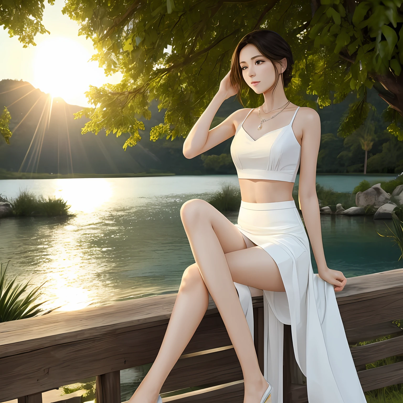 A beautiful woman with a very white complexion，Wear a white suspender，Crop topping，Wearing a small white skirt ten centimeters long，Squinted eyes，Face towards the sun，Enjoy the sun，Open your hands for the breeze，Tall and tall，A pair of long legs are white and long，Thin waist，The large thoracic collarbone is exposed，A necklace of sparkling diamonds is worn around his neck，On the edge of a wooden fence by the lake --auto