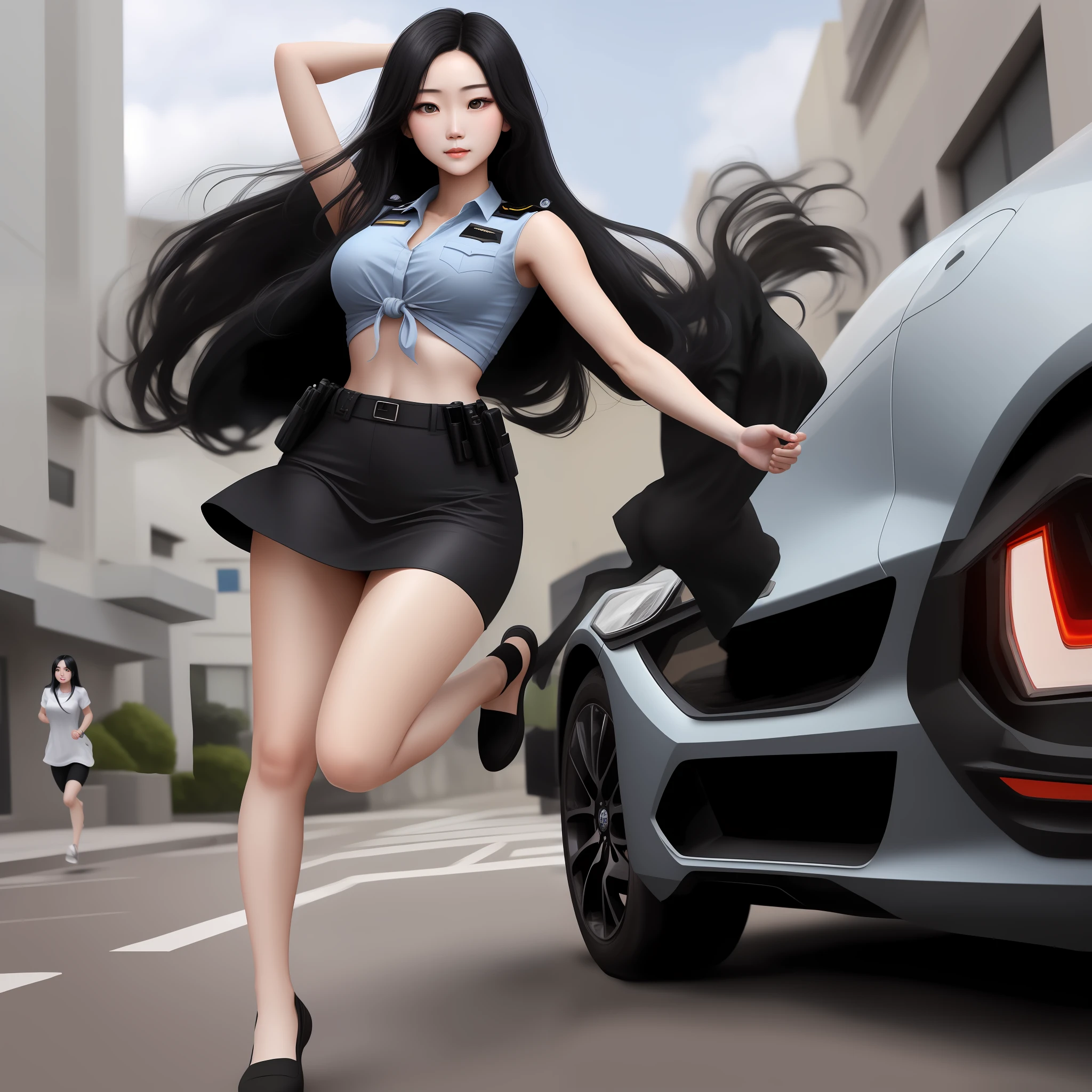 Jumping out of the police car, a young woman with a beautiful face,The woman showed her delicate figure without clothes。
Her long brilliant black hair was tied high behind her head,Appears clean and neat,exquisite facial features