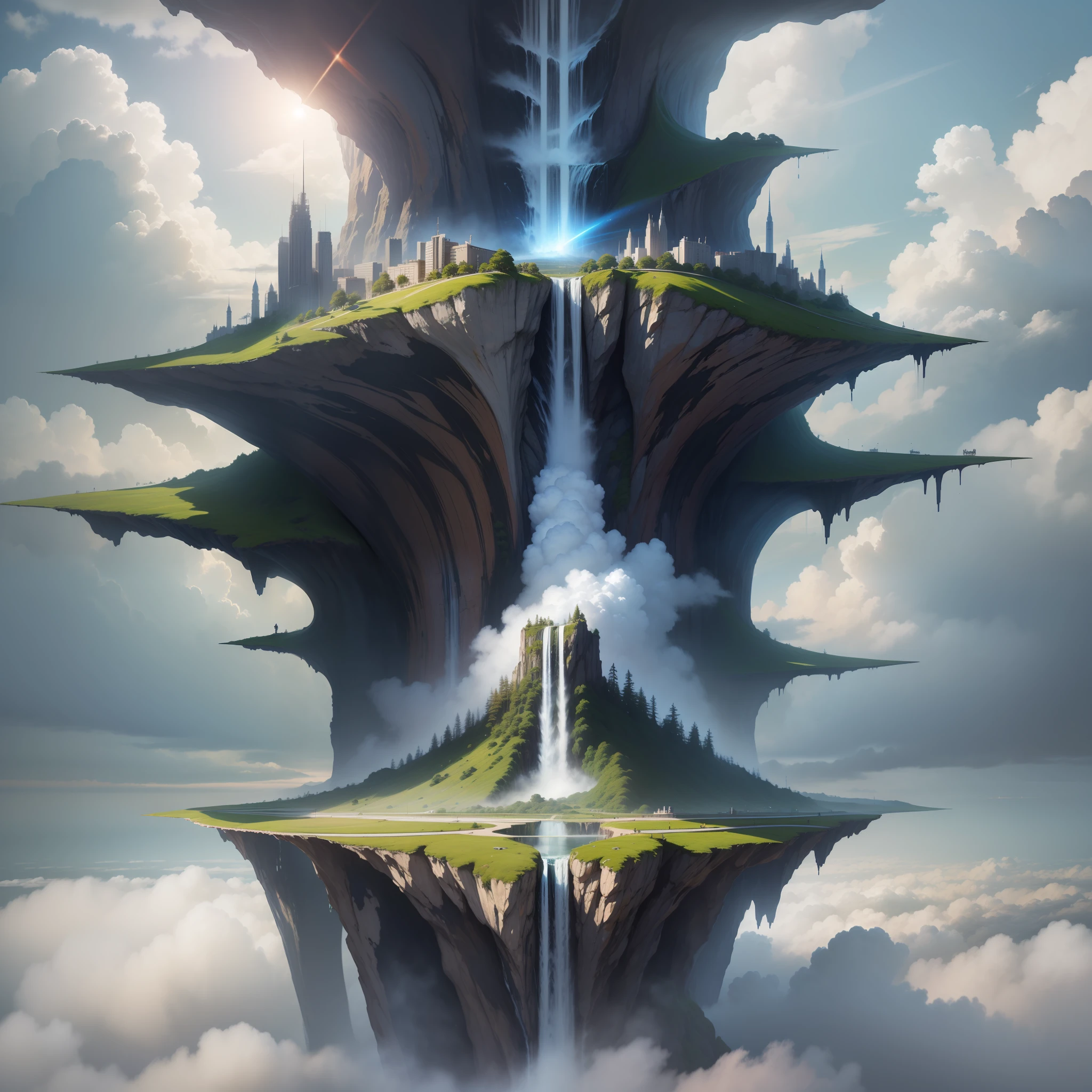 Huge city　Towering above the clouds　Fantasia　Sci-Fi Isekai　Super huge waterfall　top-quality　​masterpiece　超A high resolution