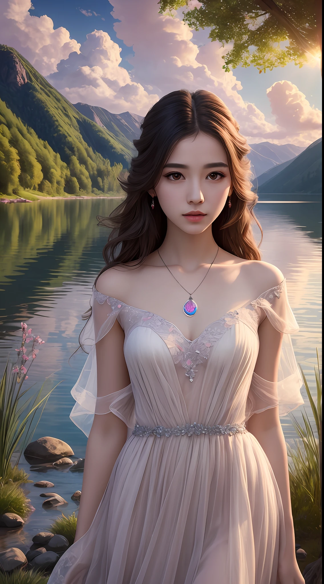 Best quality,Masterpiece,ultra-detailed high res,(Photorealistic:1.4),RAW photo,,illustration,1 girl, Serene expression, mesmerizing eyes, straight long hair, floating dress, poised posture, Porcelain skin, Subtle blush, crystal pendant BREAK, prime time, (rim lit):1.2, Warm tones, Sun flare, Soft shadows, Vibrant colors, painterly effect, dreamy atmosphere scenic lake, Distant mountains, willowy, Calm water, Reflection, Sunlit clouds, tranquil ambiance, Idyllic sunsets, Ultra detailed, offcial art, Unity 8k wallpaper,