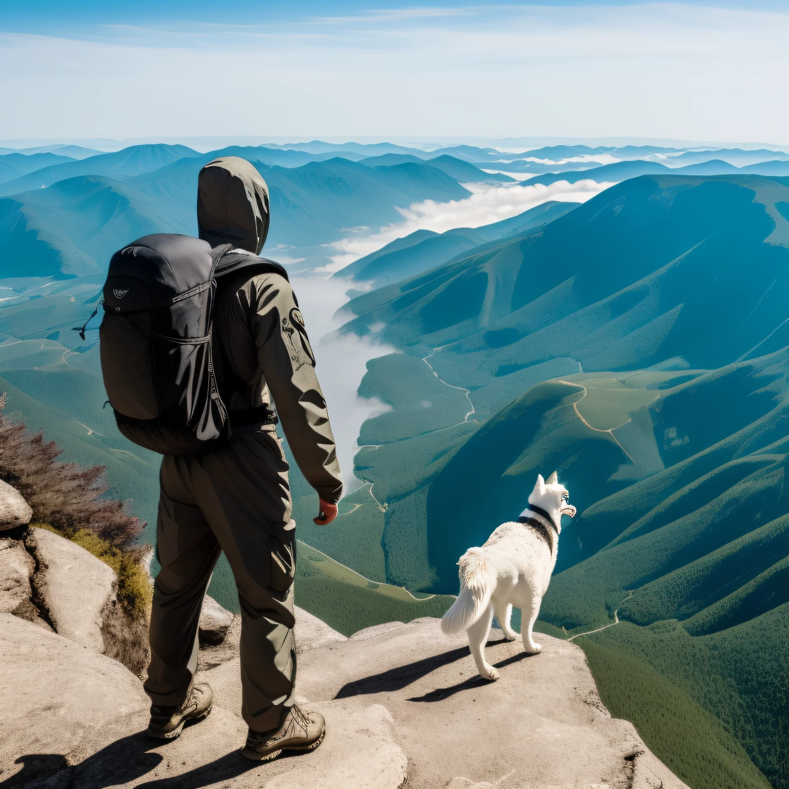 male people，Wearing an Archaeopteryx storm suit，Carrying a black osprey backpack，Wearing hiking shoes，Standing alone at the top of a mountain，Turn your back to us，Looking out over the sea of clouds，As if isolated from the world。A white dog silently accompanied him。 --auto