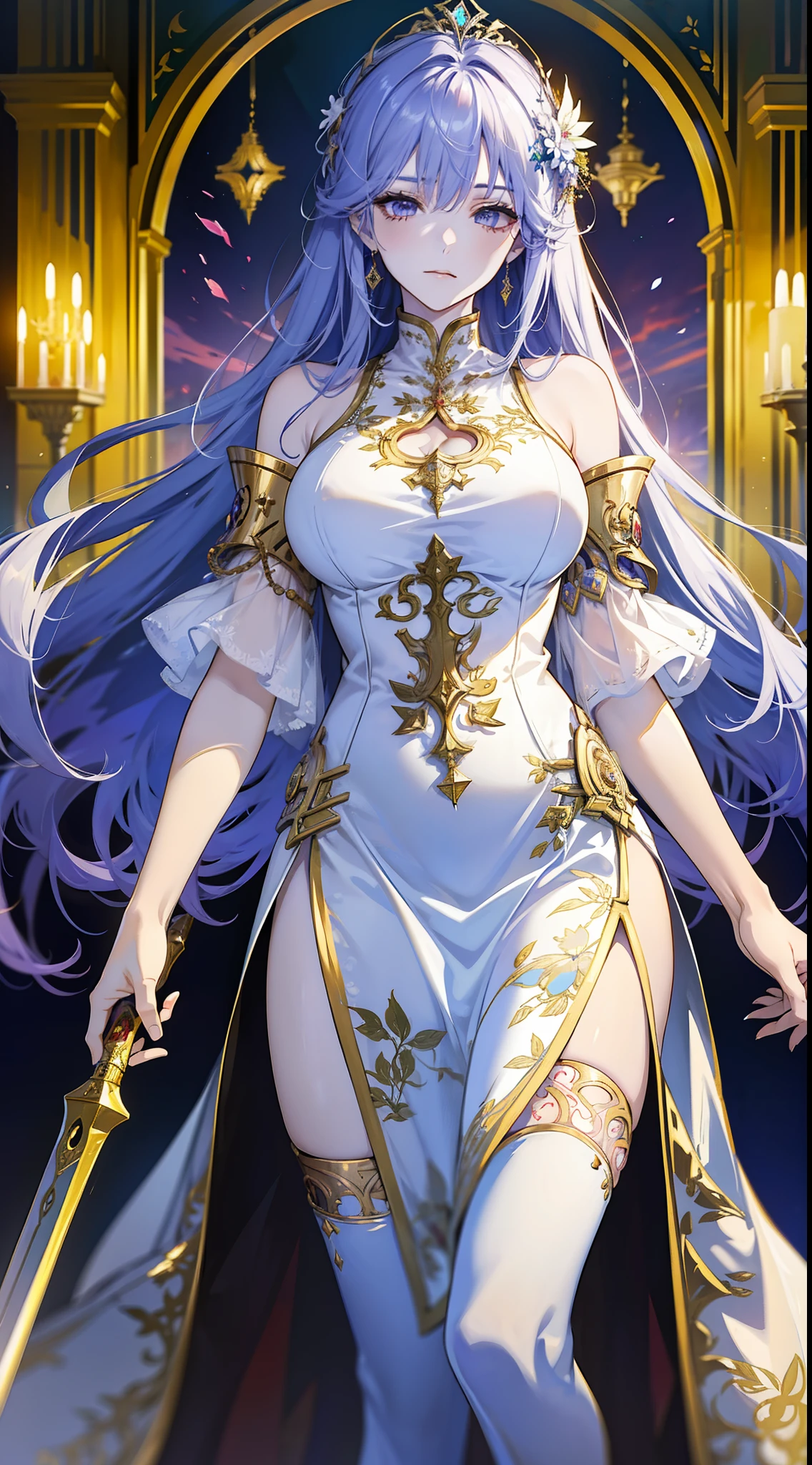 （absurderes，A high resolution），（full bodyesbian），A woman who is，Middle aged，big breasts beautiful，Tall，Gold and silver decoration，Delicate long dress，The queen dresses，Lilac intricate dress，Exquisite，closing her eyes，lilac purple hair，Delicate wand，borgar，a queen，Anime girl with long white hair and white dress with sword,Kushatt Krenz Key Art Women, Anime goddess, Portrait Chevaliers du Zodiaque Fille, ((a beautiful fantasy empress)), Detailed key anime art, beautiful and seductive anime woman, trending on artstation pixiv, royal elegant pose, Best anime 4k konachan wallpaper