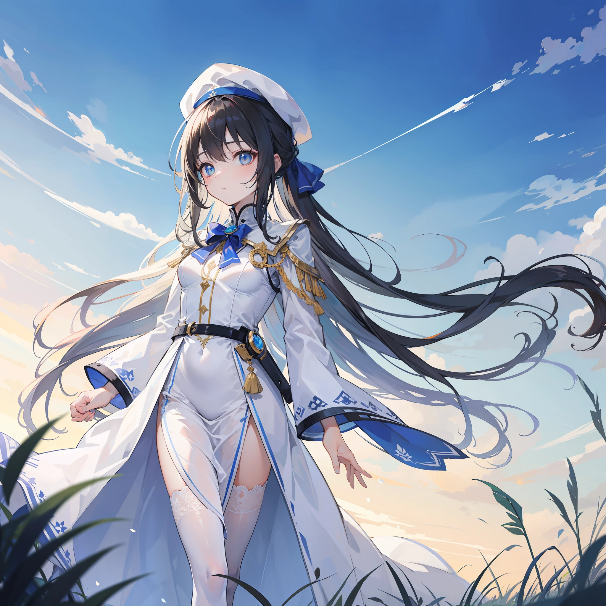 Vast grasslands, A young girl in a long white dress stood alone in the distance looking down,Blue pupil,white beret,Fine black stockings, Hands are naturally placed behind your back.