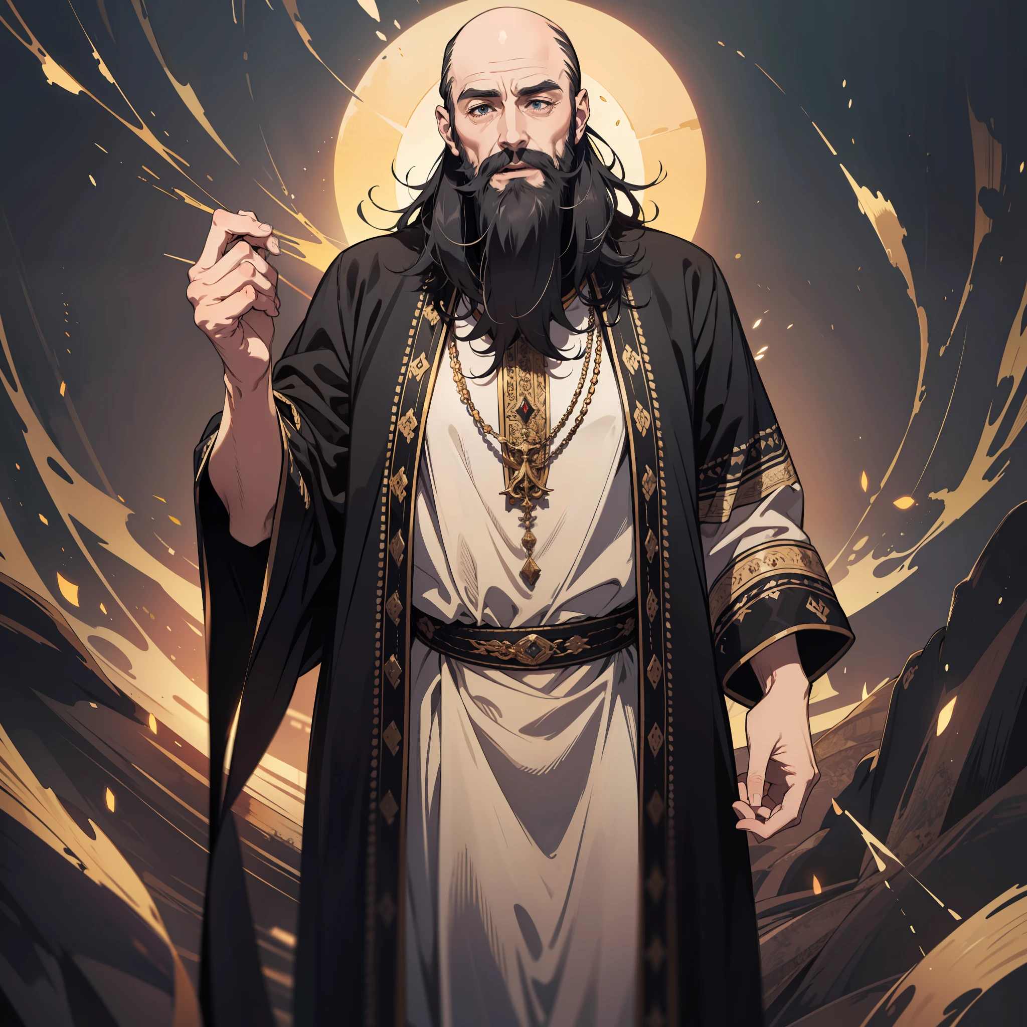 (absurderes,A high resolution),16k,large tall,emaciated,1 man,Elderly,Long black beard,balding,robe,Intricate attire,Ancient dress,(((Open-mouthed))),Black light,magia,magic