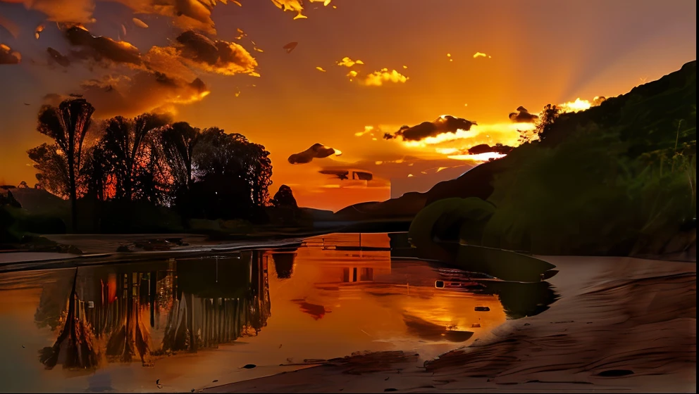 Sunset over the river with reflection of the sky, warm beautiful scene, The river is gorgeously lit, glowing reflections, beautiful sunset glow, The most beautiful sunset, amazing sunset, Beautiful sunset, Sunset glow, Golden sunset, sunsettime, at a beautiful sunset, Incredibly beautiful, golden hour time, sunset warm spring, beautiful and spectacular dusk, gorgeous romantic sunset, Beautiful setting,National style