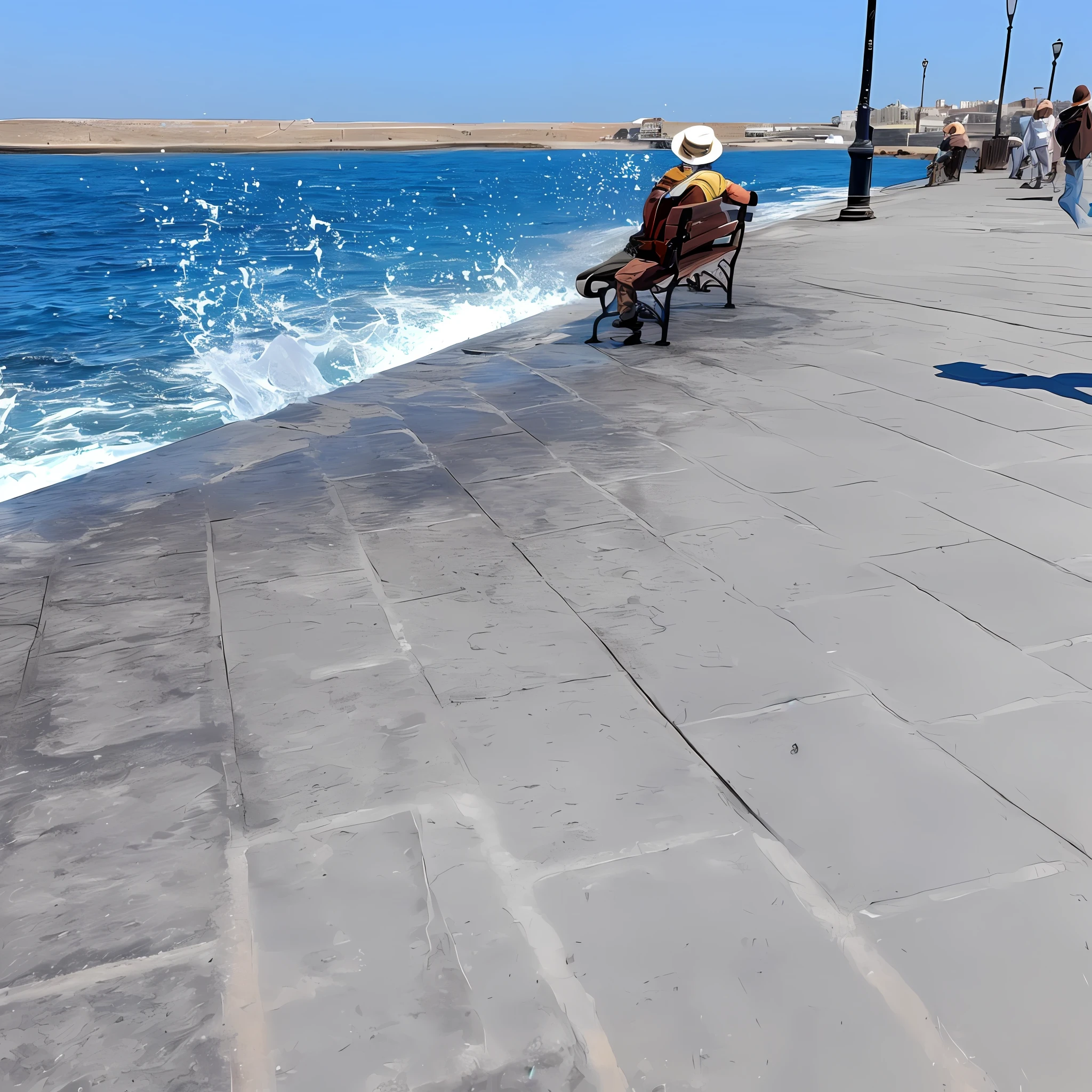 there is a man sitting on a bench by the water, a man sitting on a jetty, at the sea, next to the sea, the sea seen behind the city, amazing photo, view of sea, near a jetty, sea in the background, near the sea, the sea in the background, leaked image, very accurate photo