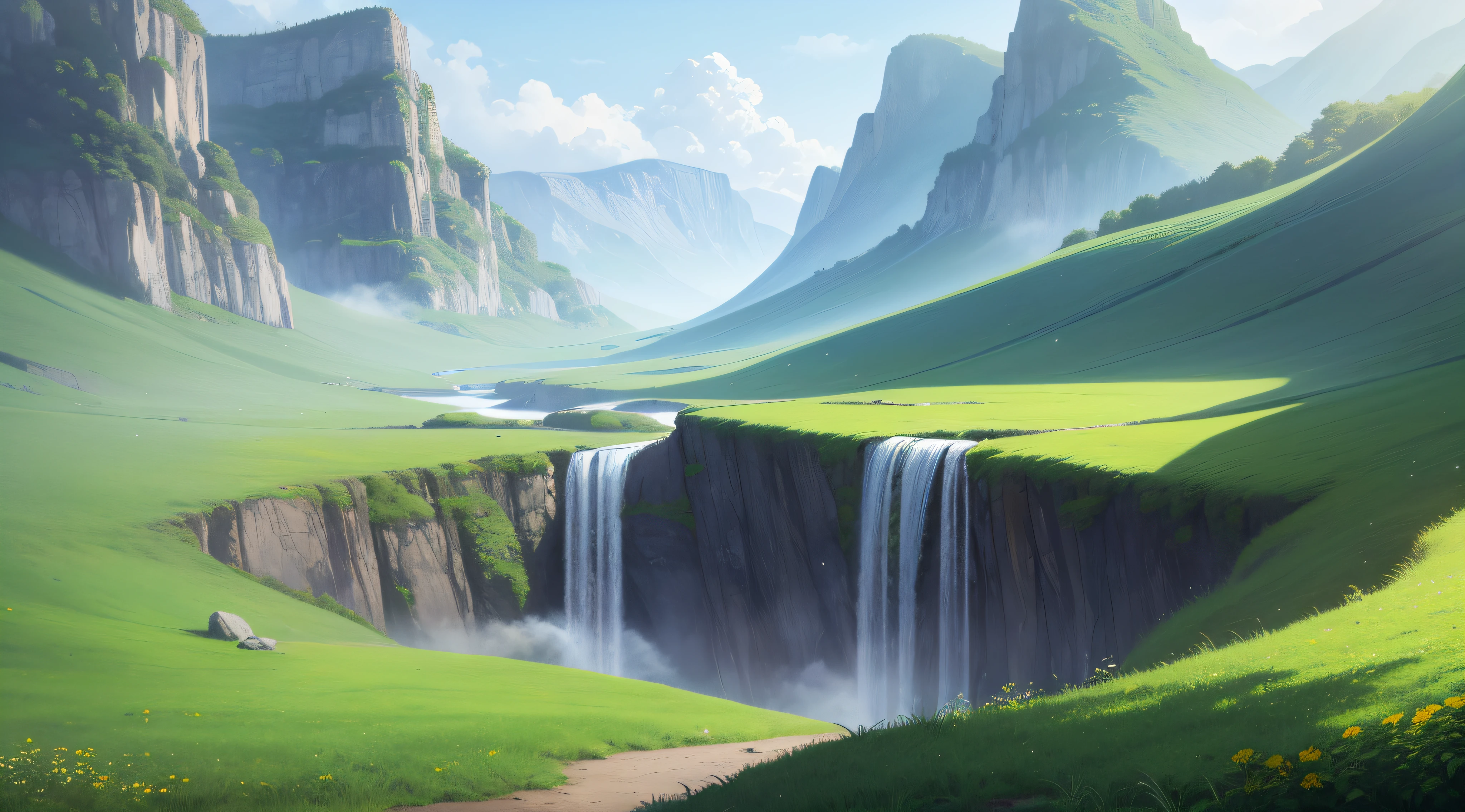 nordic，Beautiful，mont，scenecy，waterfallr，Green meadow，super detailing，tmasterpiece，offcial art，high qulity，8k wallpaper，masterpiece