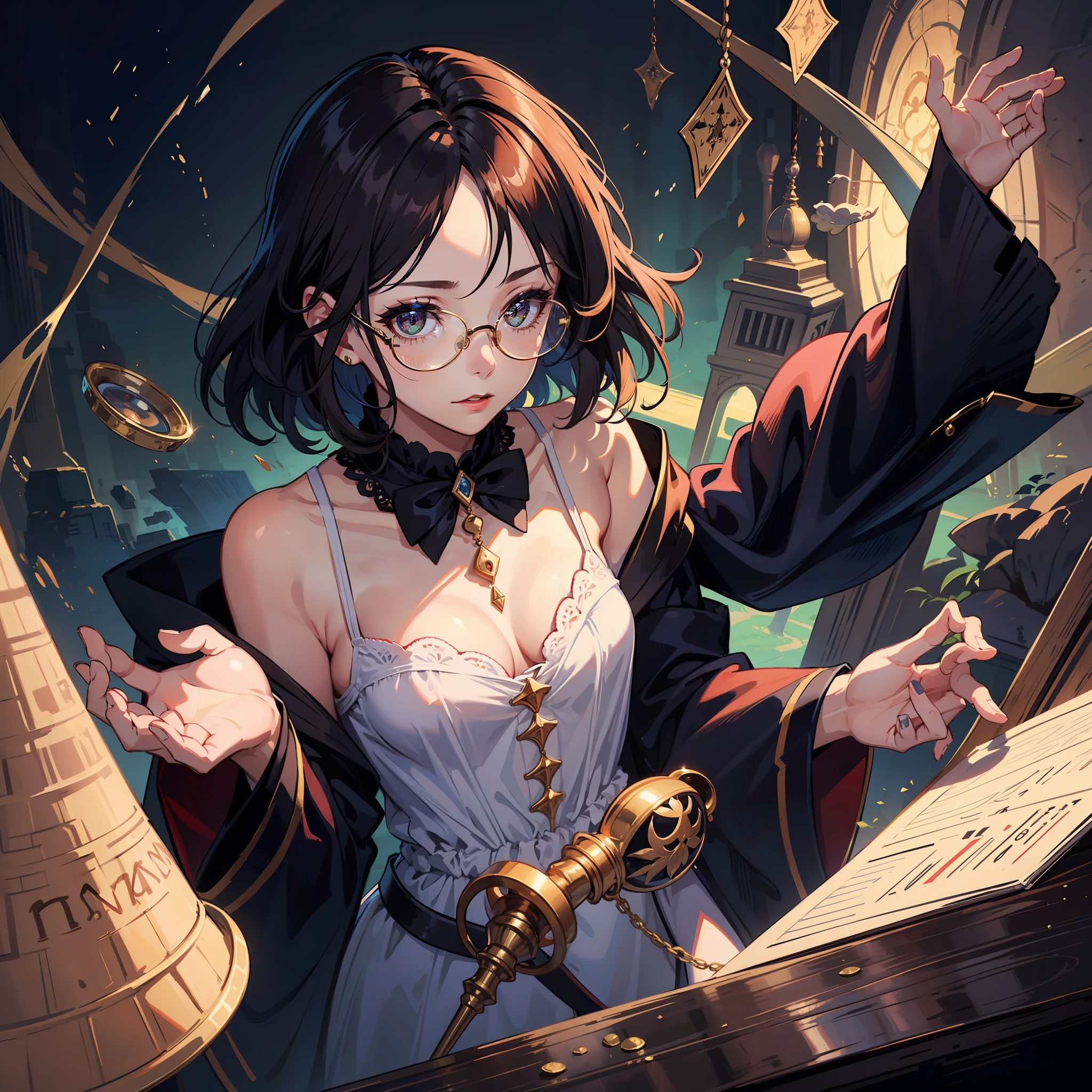 masterpiece, best quality,
1girl, solo, (magician:1.2), mature female, 
magic, magic wand, robe, DND, fantasy,
umber hair, olive eyes,
medium hair, quiff,
flowing dress, Monolithic glasses ,