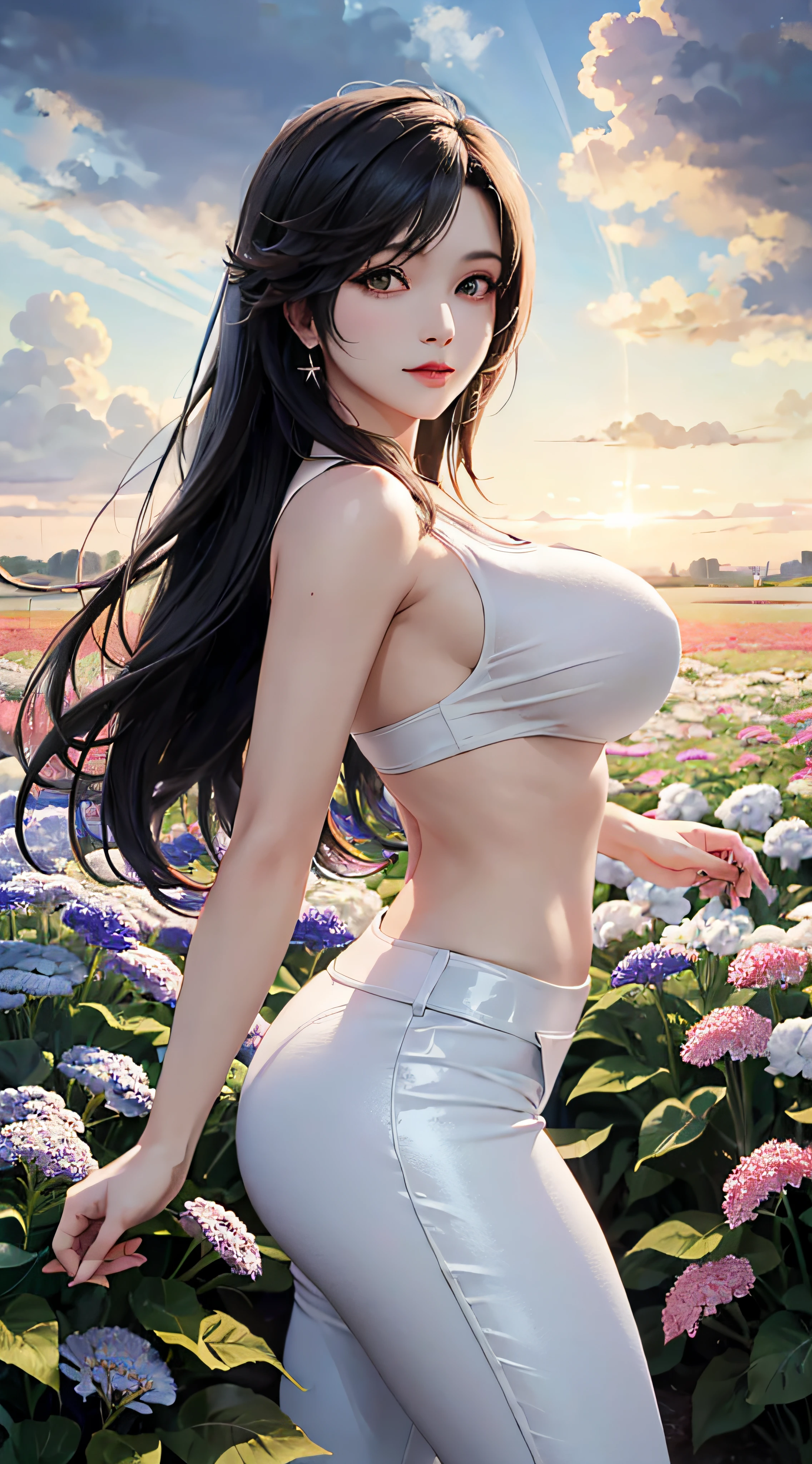 tmasterpiece，best qualtiy，8K，1个Giant Breast Girl，Sexy and revealing，Solo，ff Tifa（Final Fantasy），Most detailed，eyes reflection：1.5，eyes with brightness：1.5，White skin，（battle garment），Oily latex pants，Slim，Thin leg，sitted，skin reflections，eventide，Updraft，The upper part of the body，lens flare，cinmatic lighting，final fantasy style，Beautiful sky and flower fields