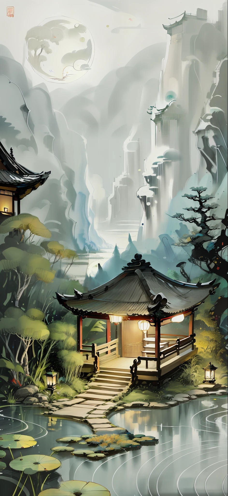 masterpiece,best quality,Chinese martial arts style,an asian night scene with lanterns and water lilies,asian pond with many lanterns and boatsa night scene with many lights and boats in the water, Lake surface, lotus flowers,beautiful night scene,(((Chinese martial arts style))), with vast sky, continuous mountains and steep cliffs, ink wash style, outline light, atmospheric atmosphere, depth of field, mist rising, bamboo, pine trees, octagonal stone pavilion, waterfall flowing water,big full moon,(No color) , Monochrome, light color,