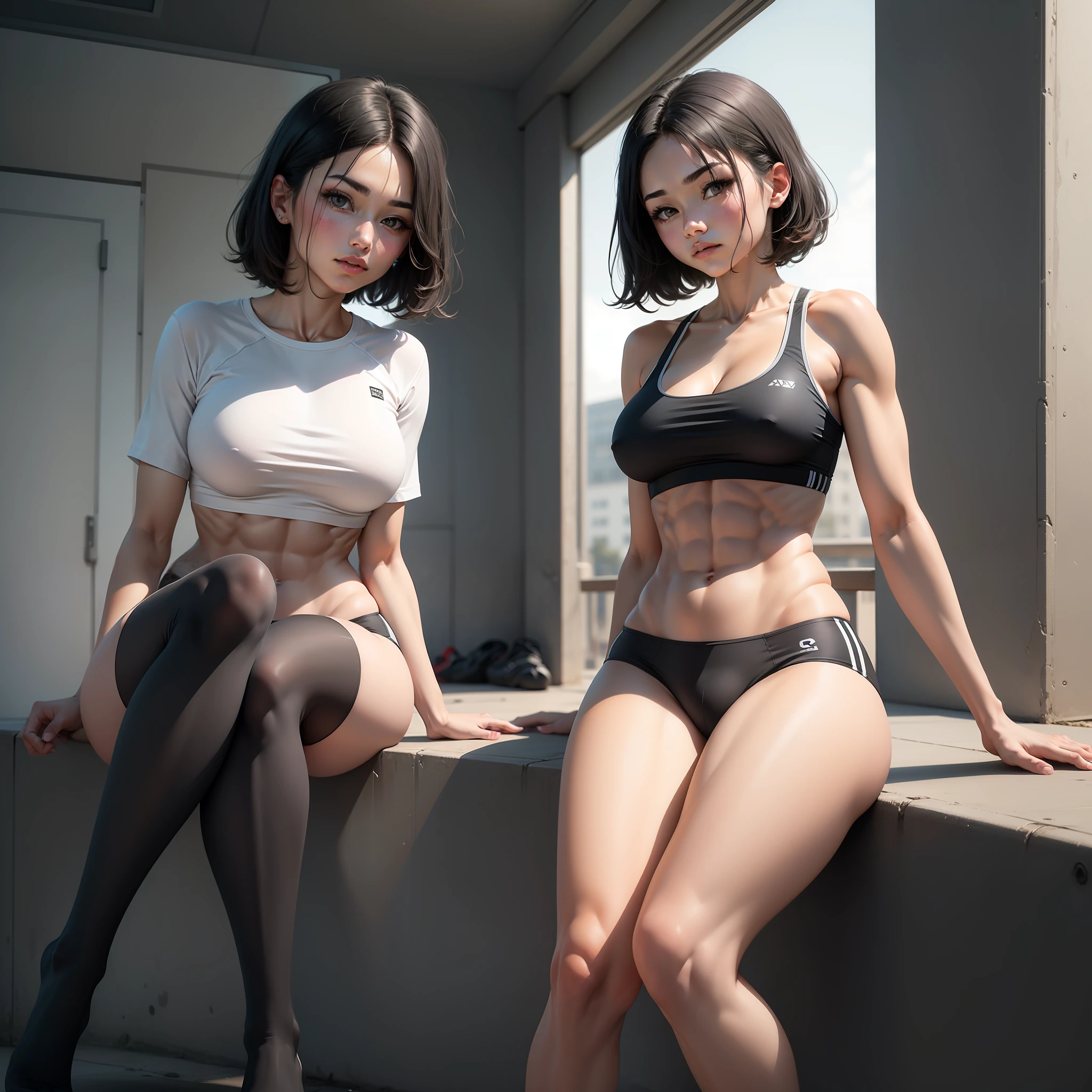 A girl with short black hair and abs,Slender and strong legs,sport underwear,Breast enlargement,Sit and wear black stockings