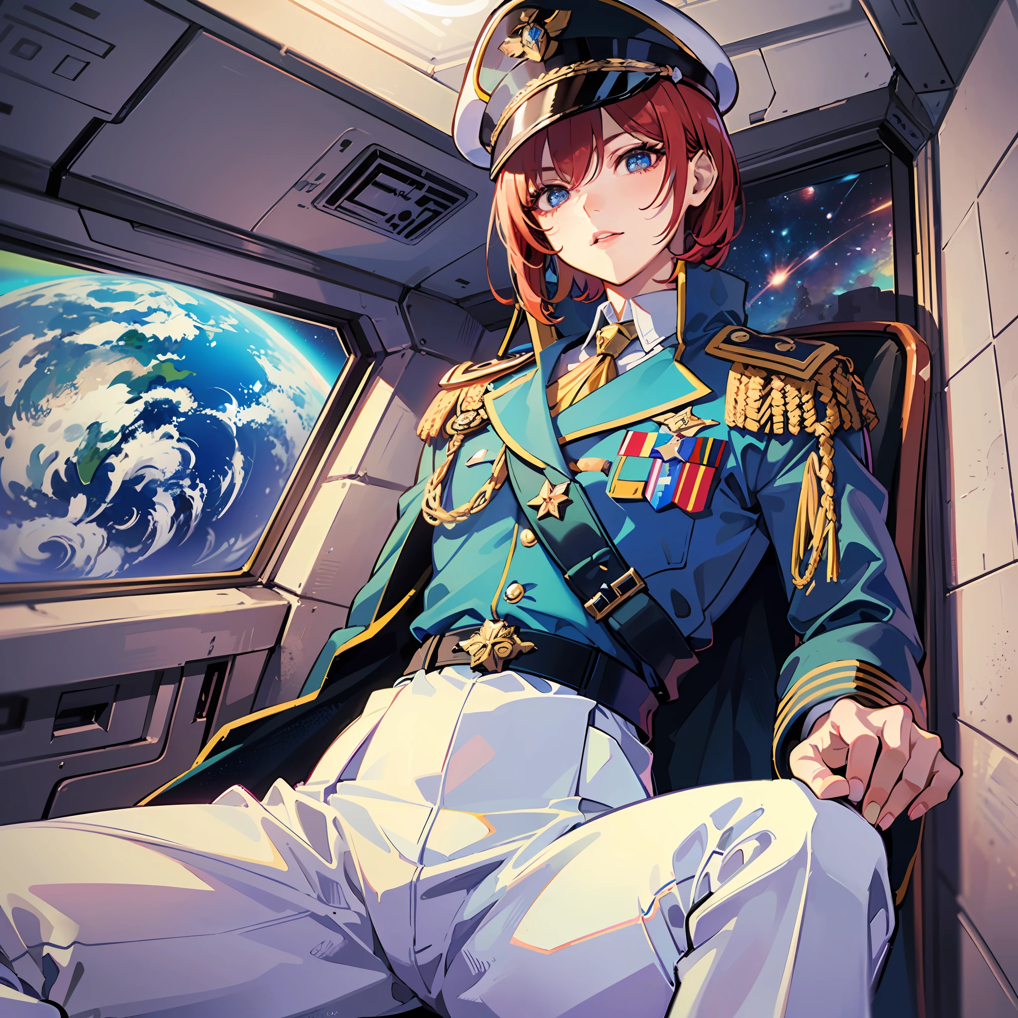 ((Masterpiece)), ((Highest Image Quality)), ((Best Quality)), (Illustration of One Girl), Full Body, 25 Years Old, Short Red Hair, (Thin Hair on Both Sides of Face), Blue Eyes, (((Tall)), ((Muscular Strong Body)), ((Manspreading)), Open Legs, (((Military Uniform)), (Military Hat)), (Military Coat)), (White Clothes), (White Pants), (White Hat), Trench Coat, ((Inside the spaceship, sitting in the captain's seat)), (outside the window, space, Earth seen from space, spaceport)