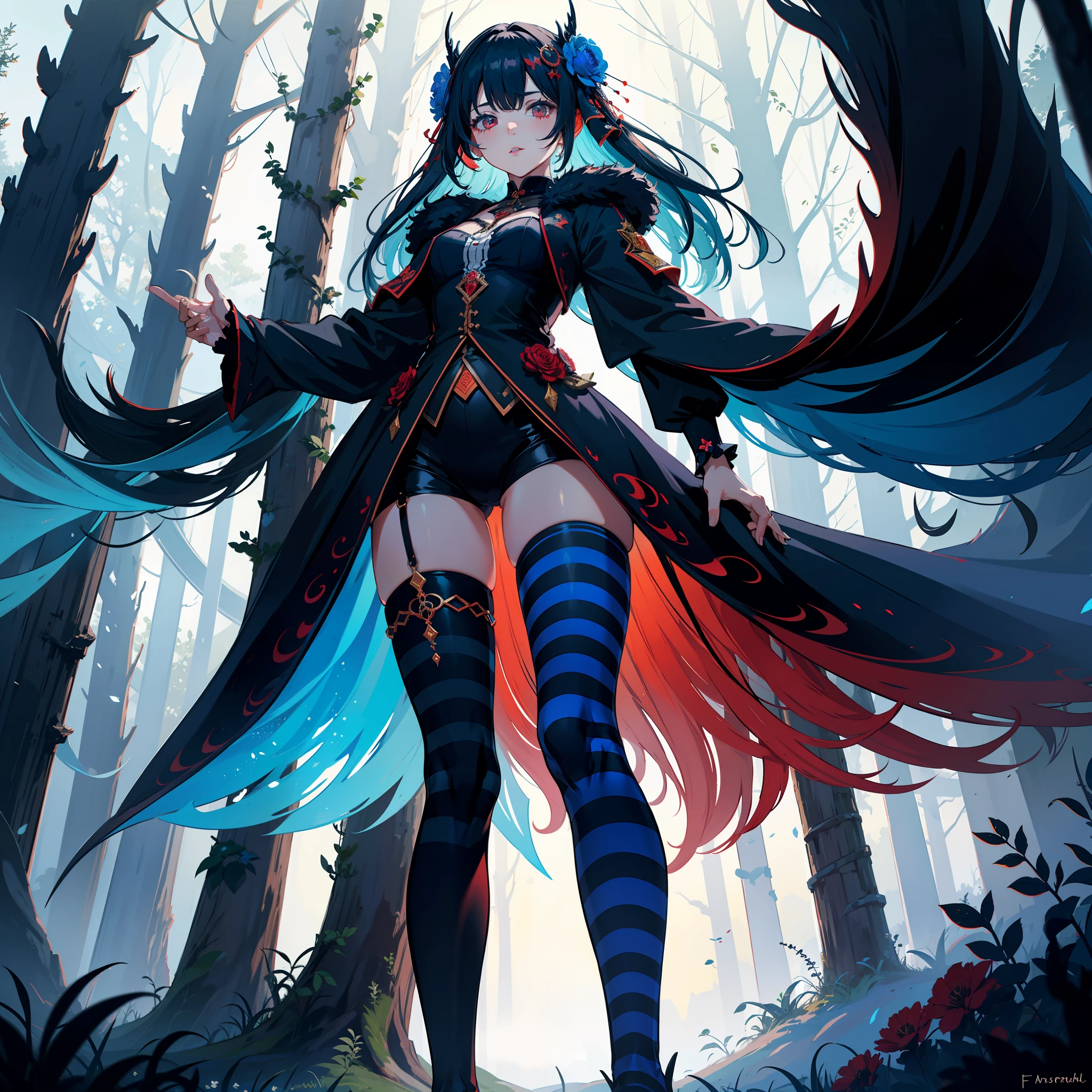 (fractal art:1.3), abstract art, mysterious fantasy,fantasy, (light theme:1.2), outdoors,fluffy legwear, forest, white background, deep red aesthetic, (glowing red:0.8), (sad, somber, depressing:0.6), 1girl, hair ornament, flowers,blue legwear, striped leggings, standing, from below, thigh focus,