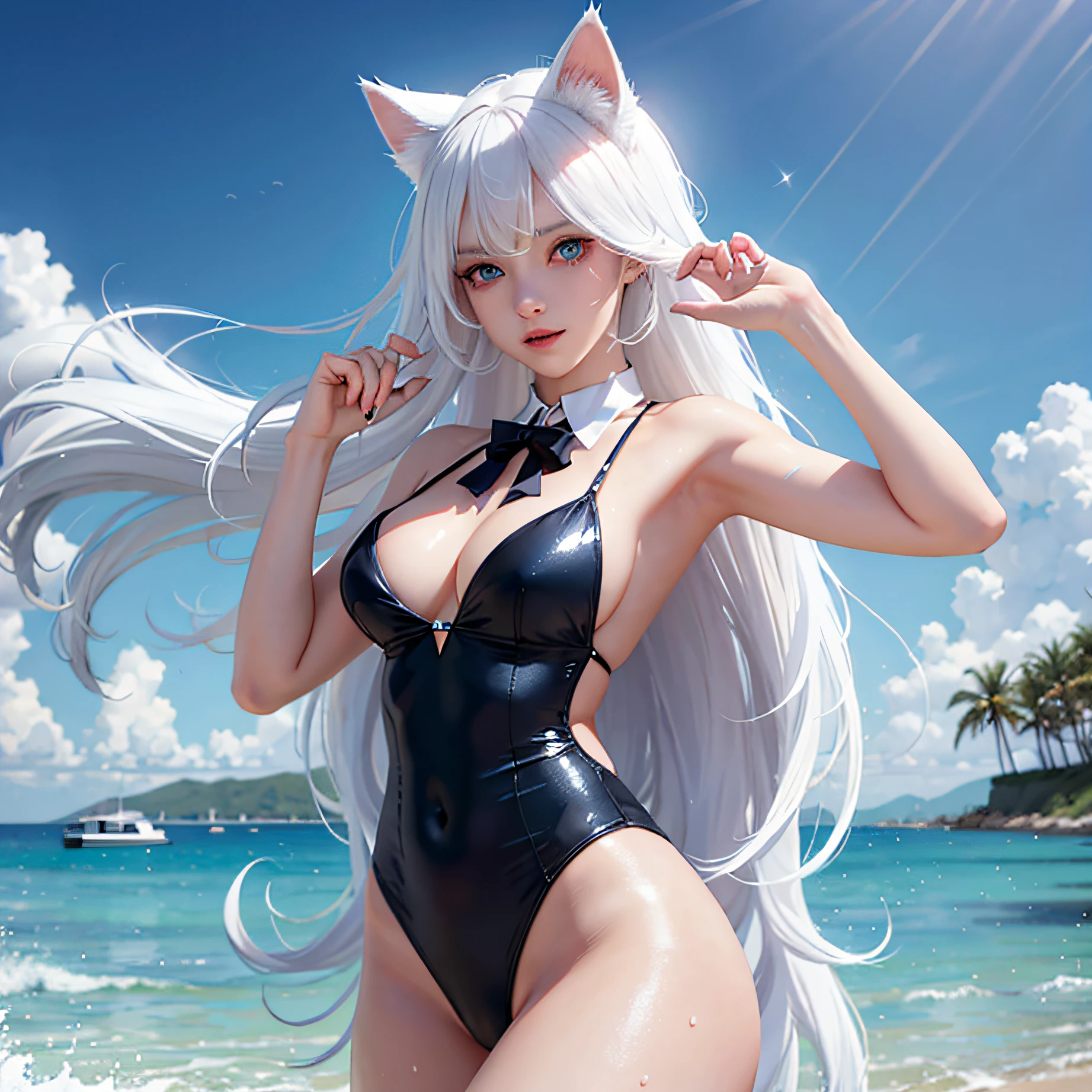 Long white hair,swim wears,schoolgirls,cat ear,,blue color eyes,disturb,high qulity --auto