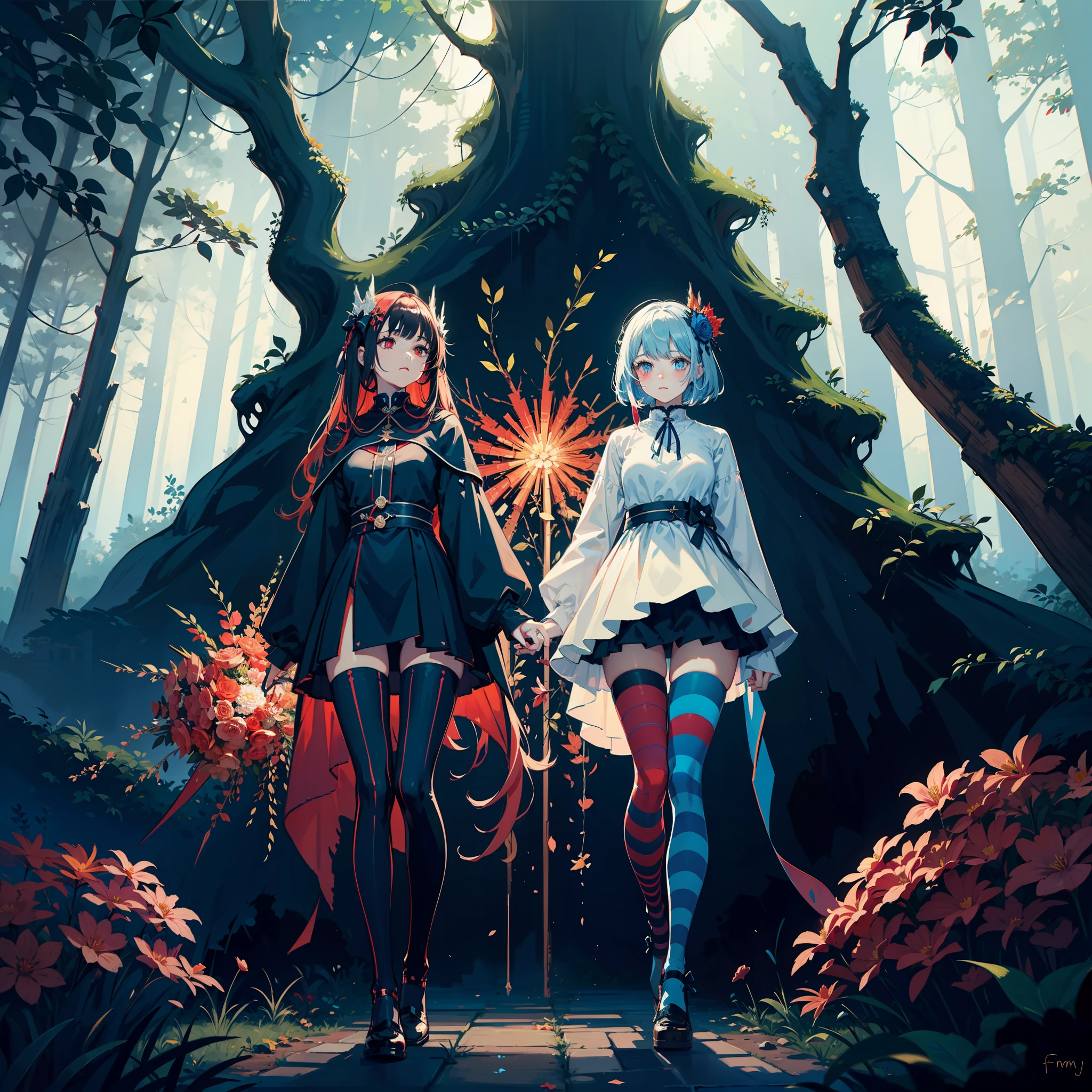 (fractal art:1.3), abstract art, mysterious fantasy,fantasy, (light theme:1.2), outdoors,fluffy legwear, forest, white background, deep red aesthetic, (glowing red:0.8), (sad, somber, depressing:0.6), 1girl, hair ornament, flowers,blue legwear, striped leggings, standing, from below, thigh focus,