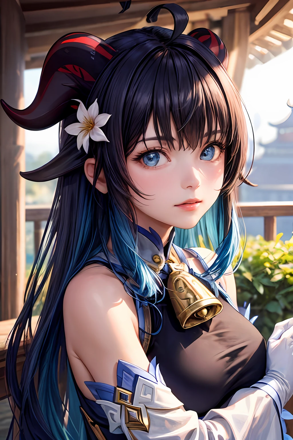 (masterpiece, sidelighting, finely detailed beautiful eyes: 1.2), masterpiece*portrait, realistic, 3d face, ganyu \(genshin impact\), 1girl, ahoge, architecture, bangs, bare shoulders, bell, black gloves, black pantyhose, (blue hair), blush, midium breasts, chinese knot, detached sleeves, flower knot, gloves, horns, long hair, looking at viewer, medium breasts, neck bell, (photorealistic:1.4)