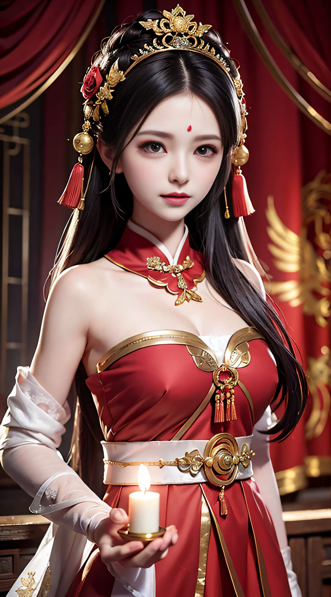 Portrait of Figures, Ancient China, Oriental Women, Tang Style, Double Happiness Background, Wedding Room, Cave Room, Costume Bride, Red Wedding Dress, Red Han Dress, Phoenix Crown Xia Curtain, Hair Coiled, Full of Pearls, Flower Dan Between Eyebrows, Red Candle, Candlelight Illuminates the Room, Best Quality, Original, Very Detailed Masterpiece, Very Detailed CG, Delicate Face, Divinity, Masterpiece, Delicate Face, Smile, 4K Picture Quality, Girl, Hanfu, Black Hair, Bun, Hair Ornament, Jewelry, Exquisite Face, Red clothes, golden patterns, phoenix crown curtain, red wedding dress, newlyweds, festive, delicate skin, soft light effects, delicate and smooth hair, exquisite details, eye highlights, fair skin, fine portrayal, extreme details, cinematic picture quality, charming, thin, cute, slender, well-behaved, shy, black eyes, indoor, candlelight, romantic, warm, (crying: 1.5), (crying)))), (((tears))), tsurime, makeup, sad, depressed, sulking, sobbing, lonely, disappointed, crying, tearing up, tears, tears, tears, tears, Surrealism, ray tracing, UHD, high details, super detail, highres, 8k, high quality, high details, textured skin, ccurate, anatomically correct, best quality, highres, high quality, textured skin, high details, anatomically correct, super detail, anatomically correct, anatomically correct
