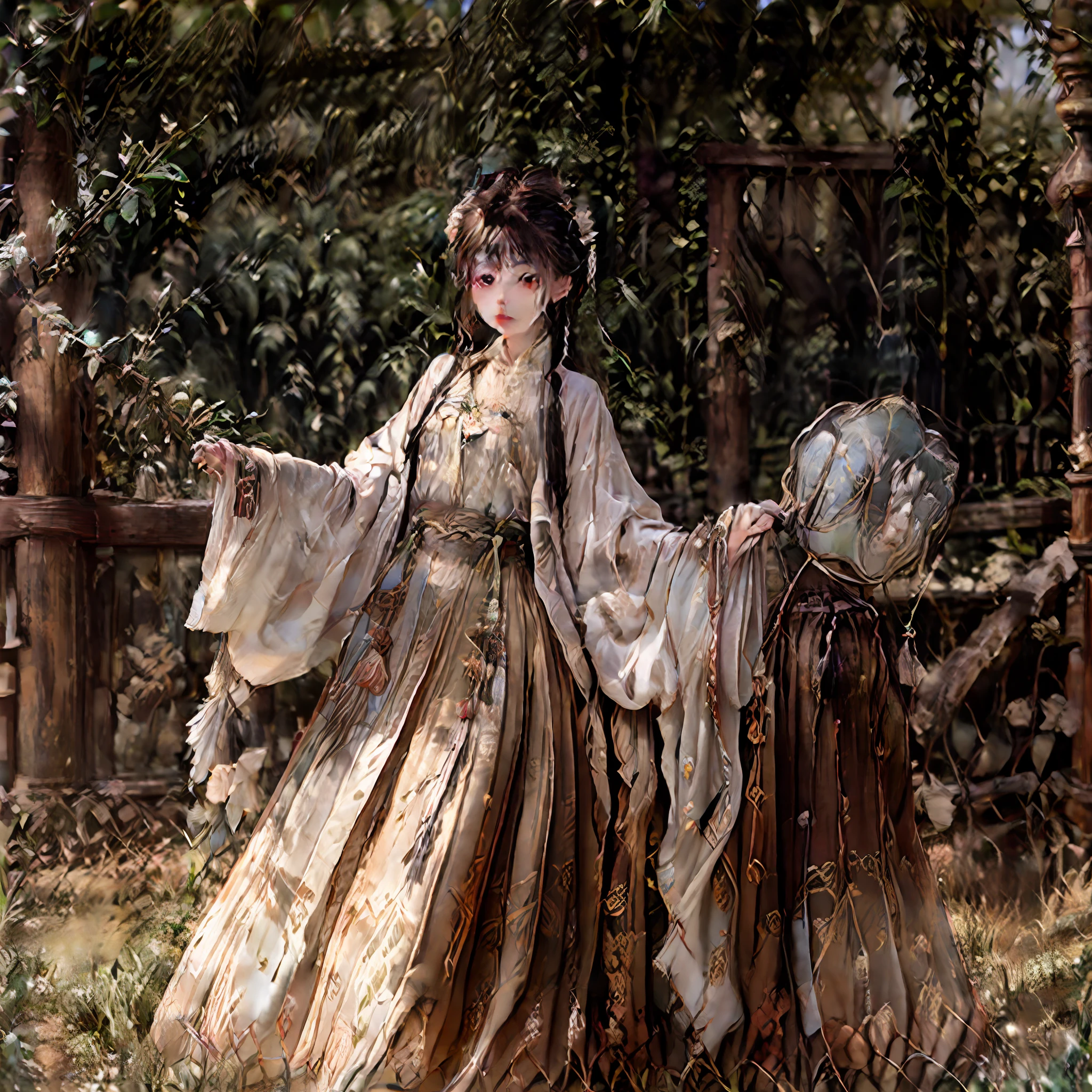 Antique beautiful man,Has long hair,Wear antique clothes,There is a large locust tree next to it,quadratic element