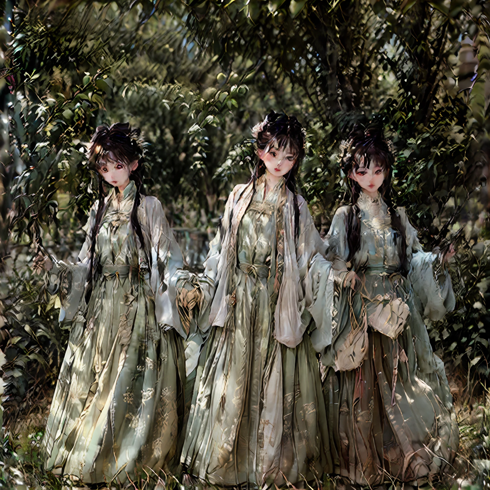 Antique beautiful man，Has long hair，Wear antique clothes，There is a large locust tree next to it，quadratic element