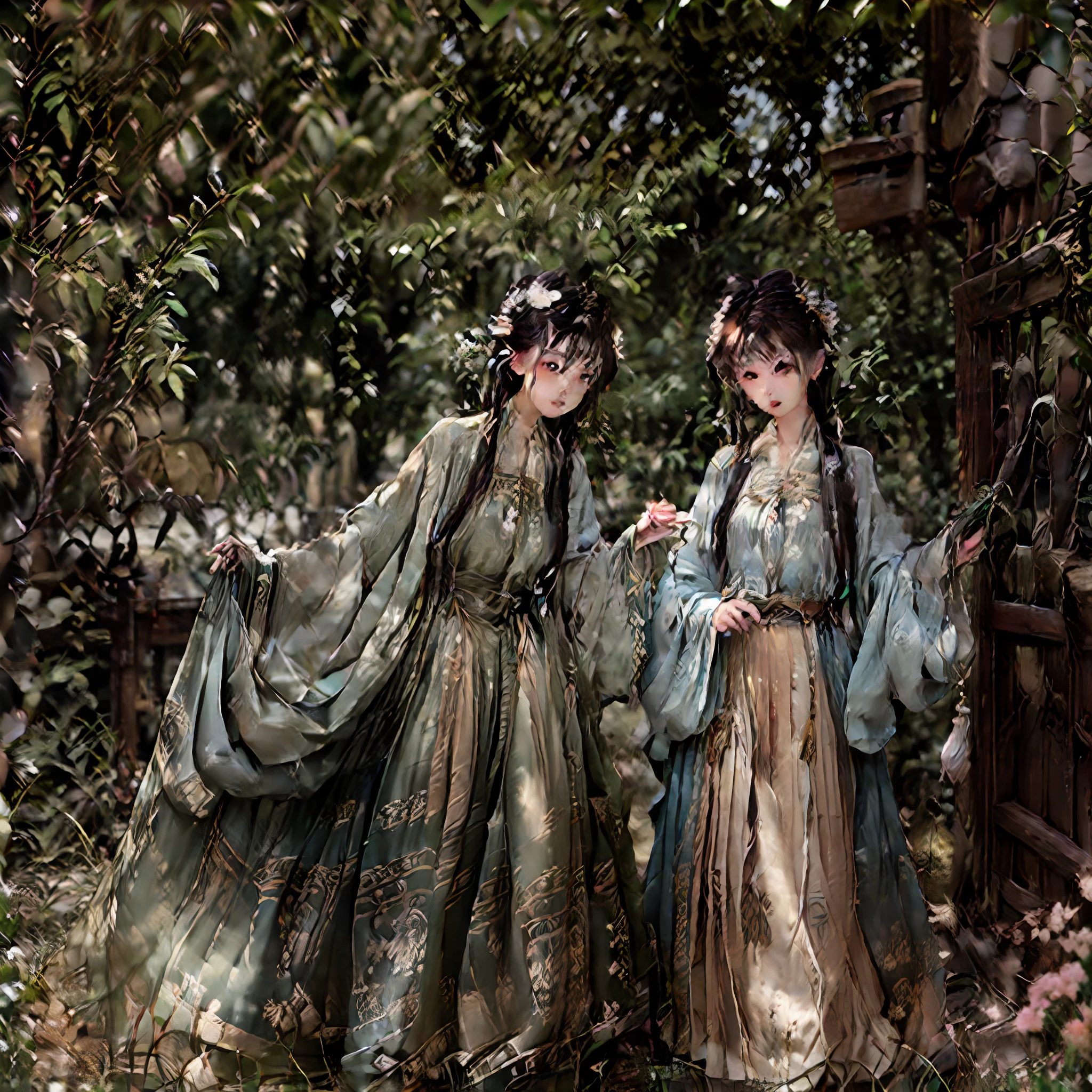 Antique beautiful man,Has long hair,Wear antique clothes,There is a large locust tree next to it,quadratic element