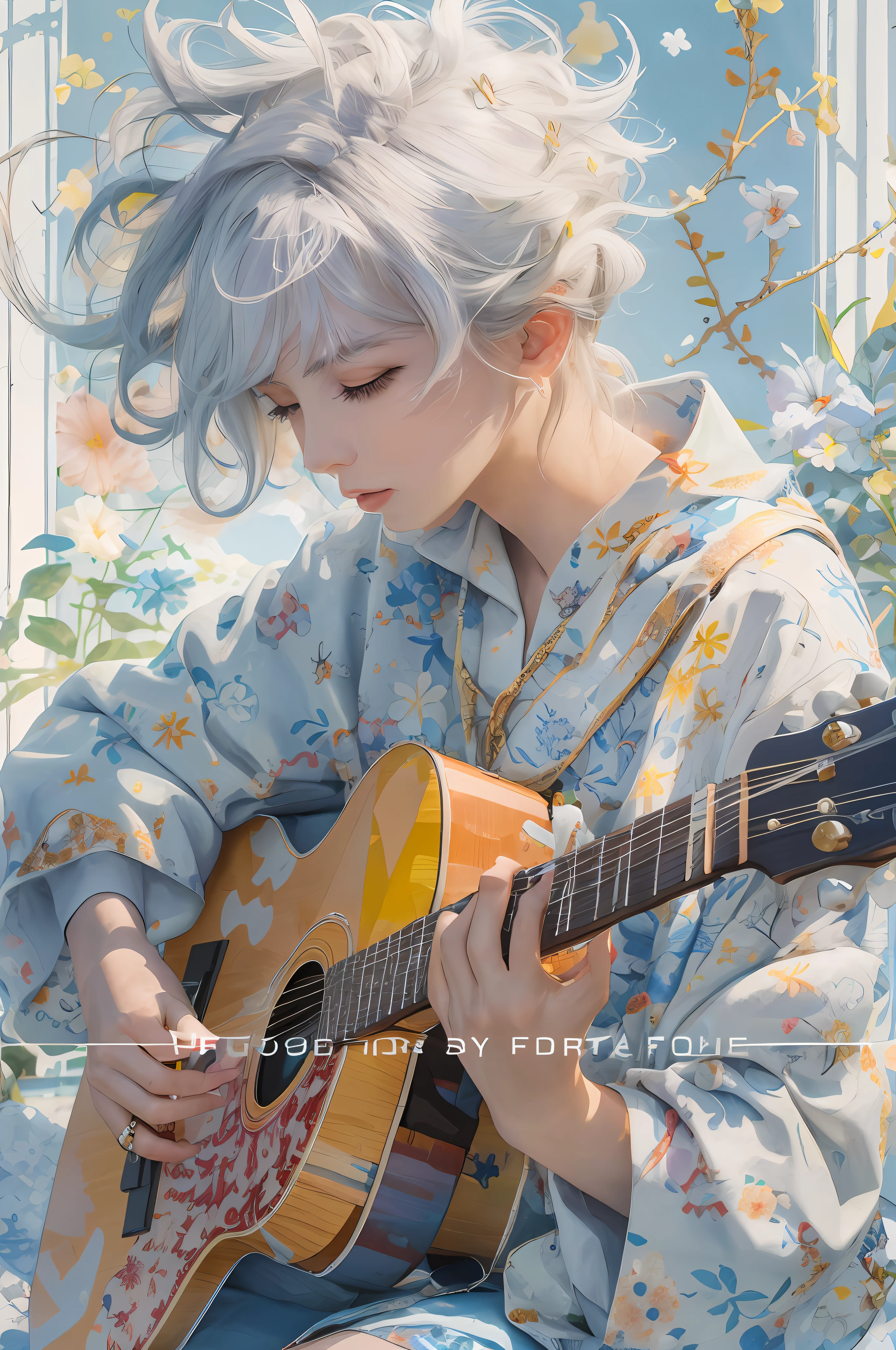 Arad woman in flower kimono with guitar, fairy core, Official artwork, lofi-girl, inspired by Miho Hirano, An anime cover, lofi portrait, Light blue short hair girl, white-hair pretty face, Fanart, Praise Artstyle, album covers, album covers, ayanami, official fanart, Anime style mixed with Fujifilm