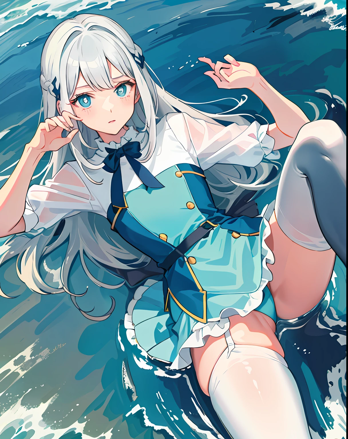 Two-dimensional anime style,(Cute and mature:1.2),(seaview:1.1),(skin detailed:1.2),(whaite hair:1.3)+Deep blue pupils,(white stockings:1.1),(shy:1.1)