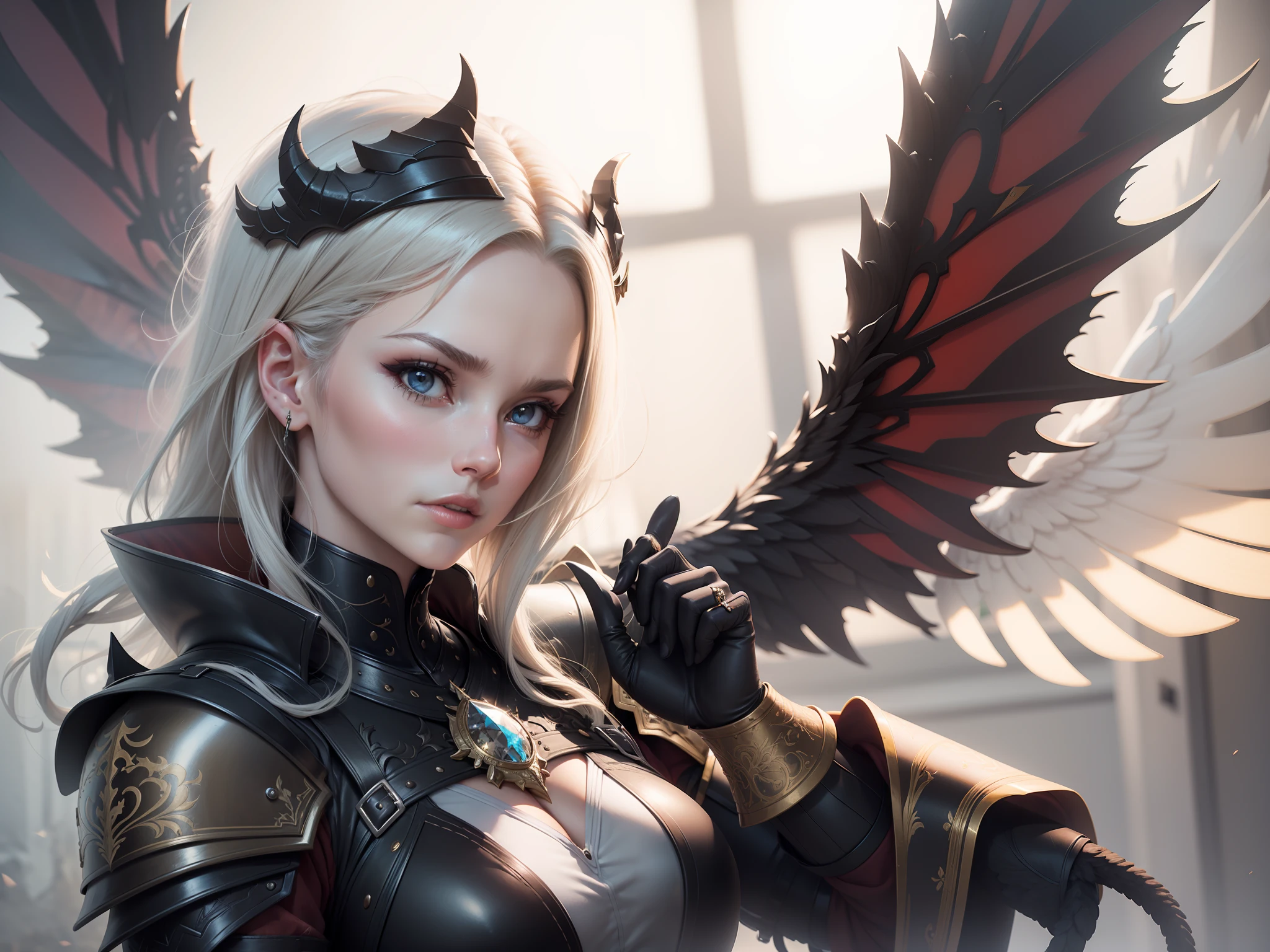 Relaistischer (DemonenAngel), Highly detailed, gorgeous face, atemberaubend, Heavy armor with gold embellishments,Schwarz Harre mit roten Streifen, [(8k resolution+CG:1.2)], [(Schatten:1.1+Beleuchtung:1.2)], [(volumetrisches Licht:1.2+bokeh:1.1)], [(Schwerter+wings)]