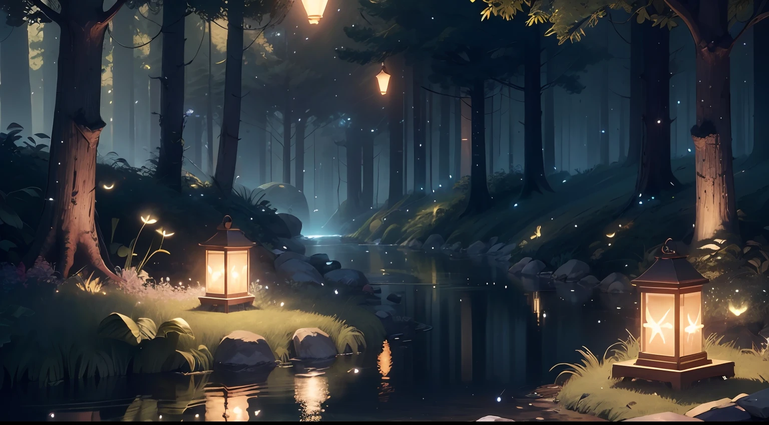 Masterpiece, best quality, (very detailed CG unity 8k wallpaper), (best quality), (best illustration), (best shadows), glow sprite, with a glowing deer, in the swimming pool Drinking water, natural elements in the forest theme. Mysterious forest, beautiful forest, nature, surrounded by flowers, delicate leaves and branches surrounded by fireflies (natural elements), (jungle theme), (leaves), (twigs), (fireflies), (particle effects) etc. 3D , Octane rendering, ray tracing, super detailed