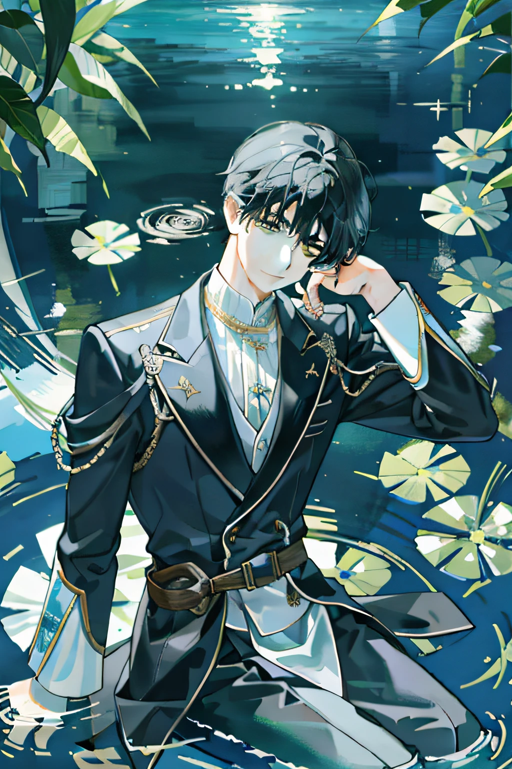 tmasterpiece、Need、1male people、AS-Adult、Tall muscular man、dark themes、Magic Array、Buble、rainbow Sunlight、under the water、Reflected mirror、floating piece of Glass、Rainbow light、Bubble Swirling、Wind swirl、extreme light、Starlight around the character, Reflection on the surface of the water 1 boy with black hair sitting at the water's edge，dense with greenery，flowers blooming，His hand was on his forehead，The other hand is propped up on the grass，warmly lit，Blurred foreground