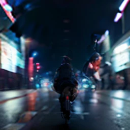masterpiece, best quality, 1girl, solo, jacket, hand in pocket, school uniform, serafuku, thighhighs, school bag, black hair, black eyes, cyberpunk, street, machinery, motor vehicle, motorcycle, panorama, helmet, speed line, motion blur, depth of field, perspective, panorama, riding, floating hair, night, neon trim