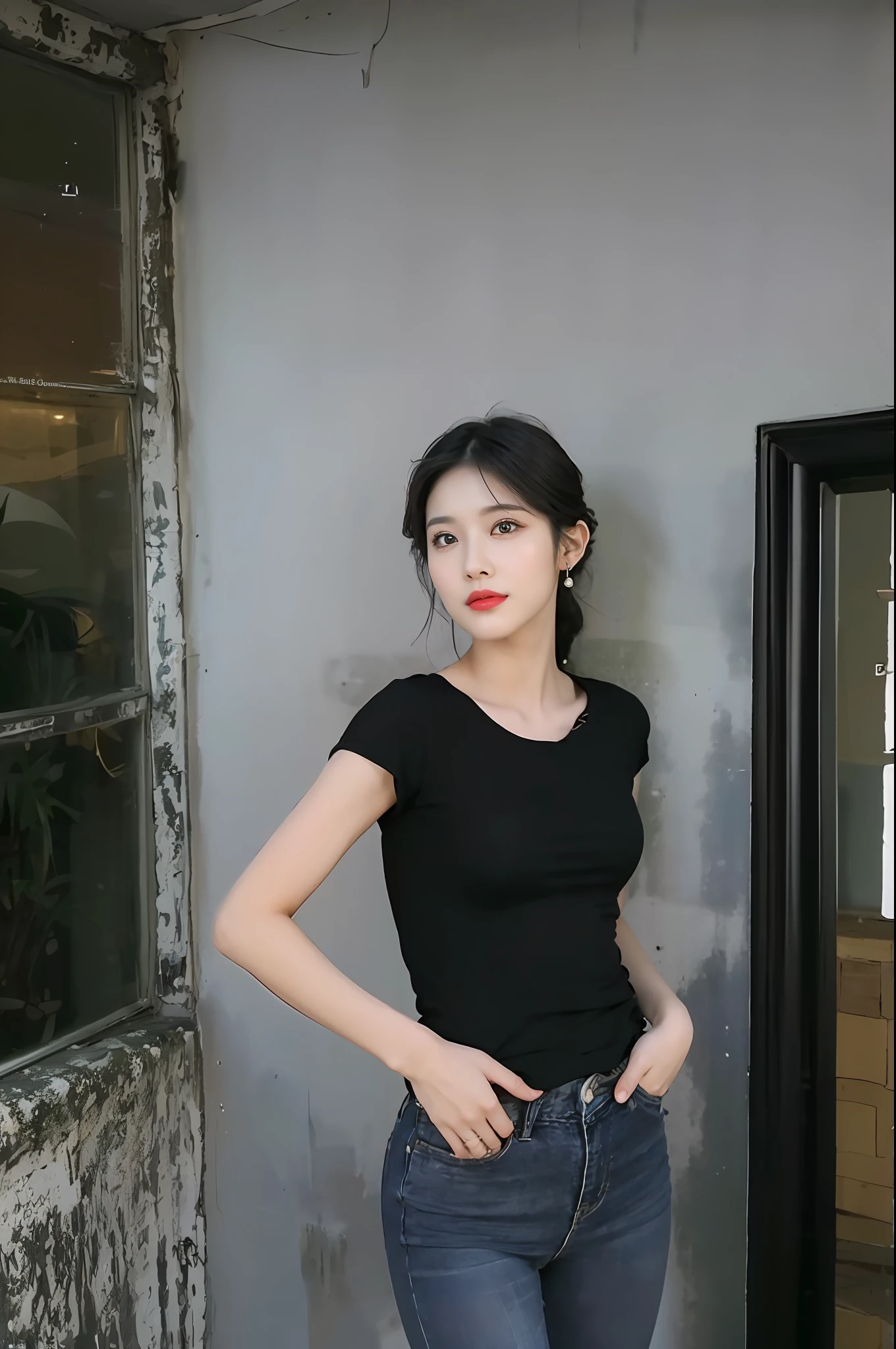 Woman wearing black T-shirt and jeans, Korean female fashion model, Black top, Wear a tight black T-shirt, Wear a tight black T-shirt, Photos of Korean girls, Slim girl model, Slender abs: 1.2, Gorgeous young Korean woman, Beautiful Korean woman, Beautiful young Korean woman, nikon RAW photo, 8K, Fujifilm XT3, (Highest quality, 16k, Masterpiece: 1.3)), Sharp focus: 1.2, Realistic, Beautiful woman with perfect figure: 1.4, (((Black straight hair)), Beautiful big,  ((Kpop idol: 1.3)), Very detailed face and skin texture, Very detailed face, Very detailed eyes, Very detailed black eyes, Very detailed pupils, Very detailed skin, very detailed fingers, very detailed nose, very detailed detailed mouth, Perfect anatomy, highly detailed back ground, Detailed black eyes, Seductive 20 year old Korean beauty,  Natural makeup, Light makeup, No makeup, Slim girl photos,Pose sexy and coquettish，fully body photo