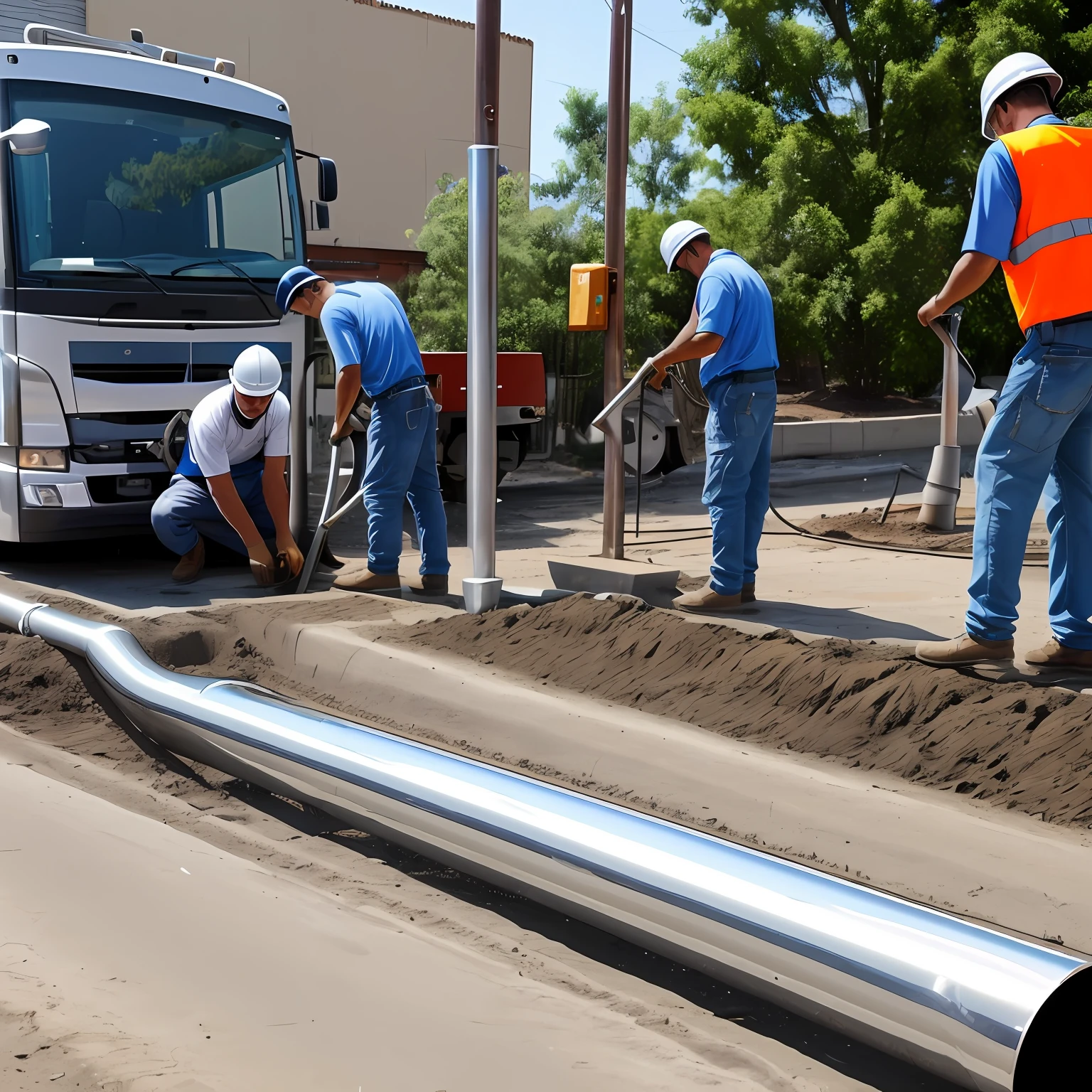 Water supply to towns,Stainless steel pipe,The surface of stainless steel is shiny,2 workers digging and burying stainless steel pipes,On the street,There are shops,There is a flow,4k,Top image quality --auto
