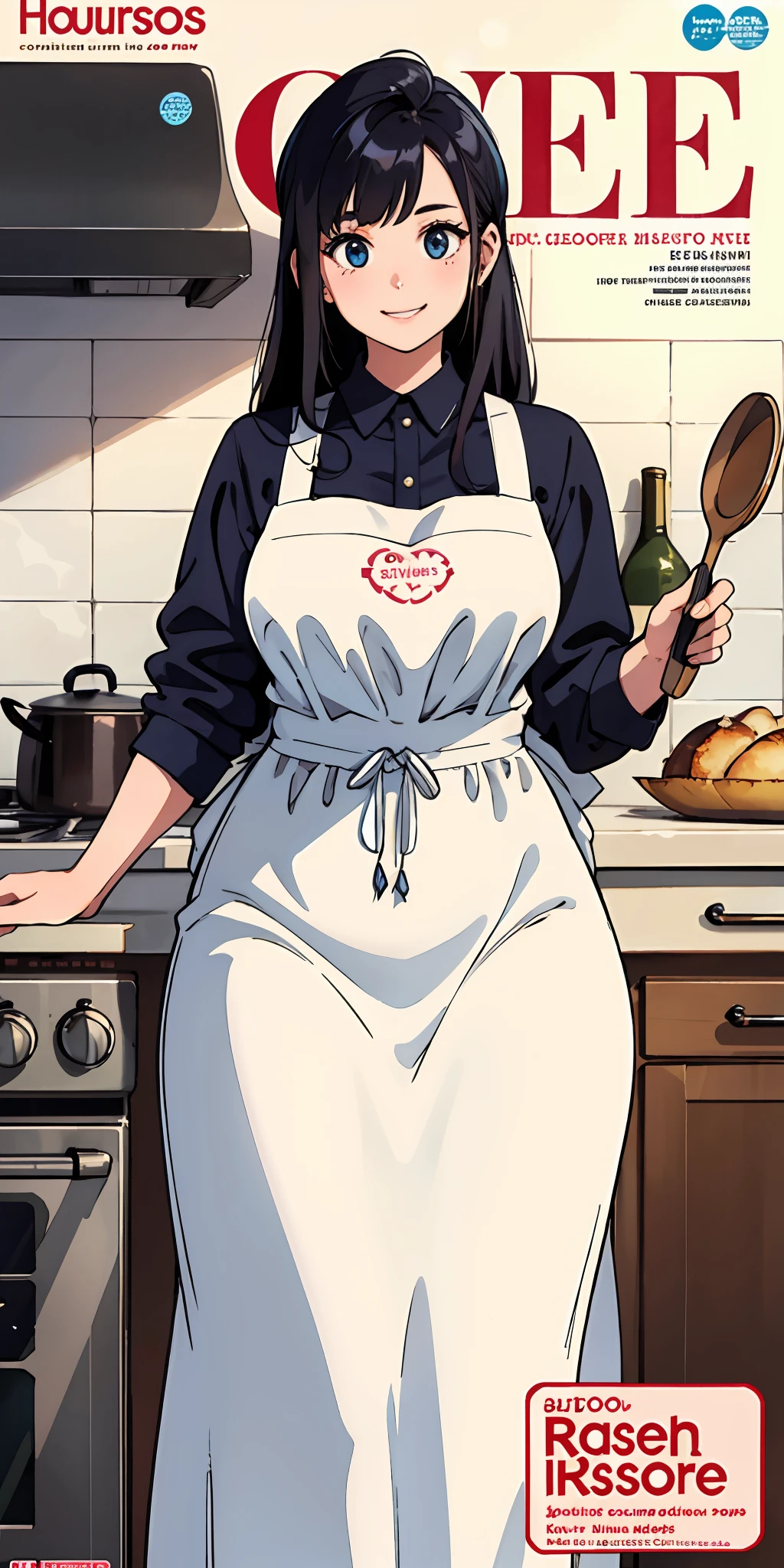 (Best Quality, Masterpiece), Women's Cooking Magazine Cover, 1girl, 20 years old, stunning, cute, warm smile, hourglass figure, floral dress, apron, food, text, chart, advertising, magazine title