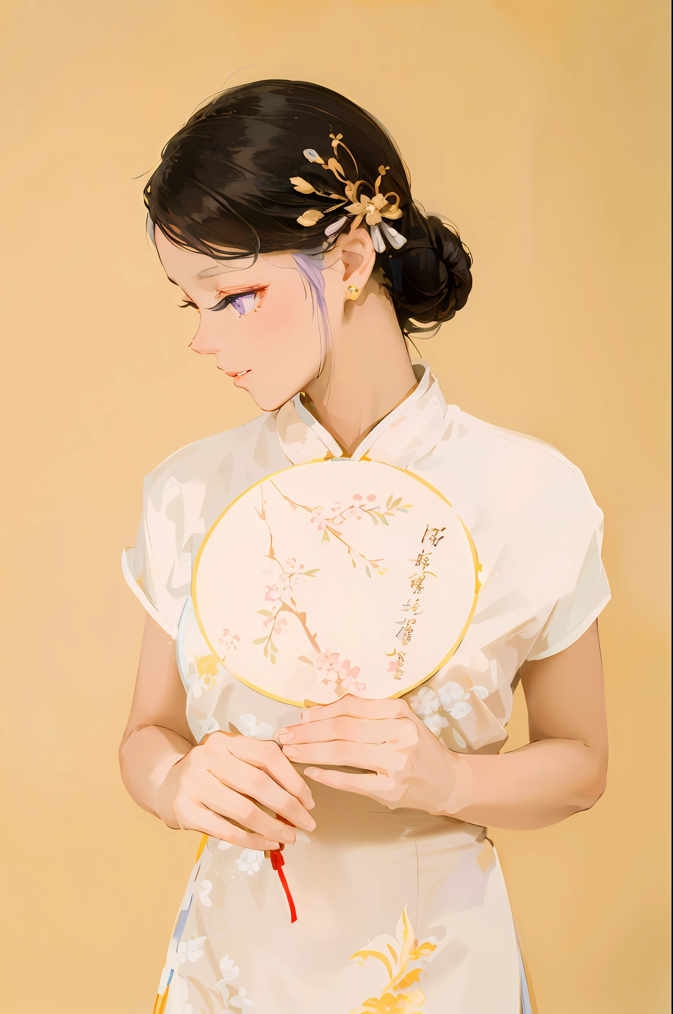 Mature girl, purple eyes, blue-white hair color, floating hair, delicate and flexible eyes, intricate damask hanfu, gorgeous accessories, wearing pearl earrings, fov, f/1.8, masterpiece, ancient Chinese architecture, blue sky, flower petals flying, front portrait shot, Chang'e, side lighting, sunlight on people, 8K