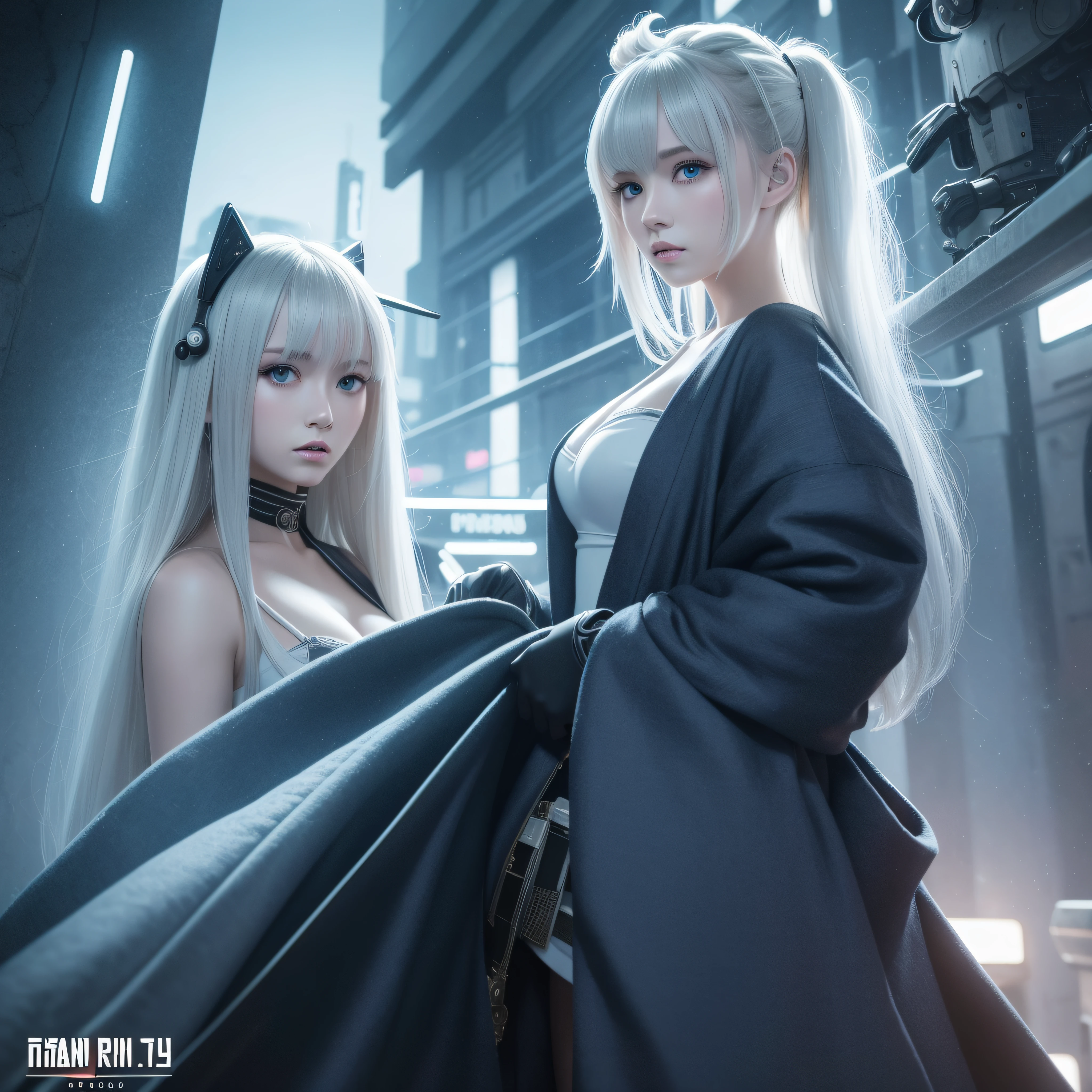 in 8K, top-quality, Real Image, intricate detailes,1girl in、Giant robot、blonde hair、robe blanche、loimu、natta、neons、Blade Runner Wind、horor\(theme\) masterpiece、top-quality、ighly detailed --auto