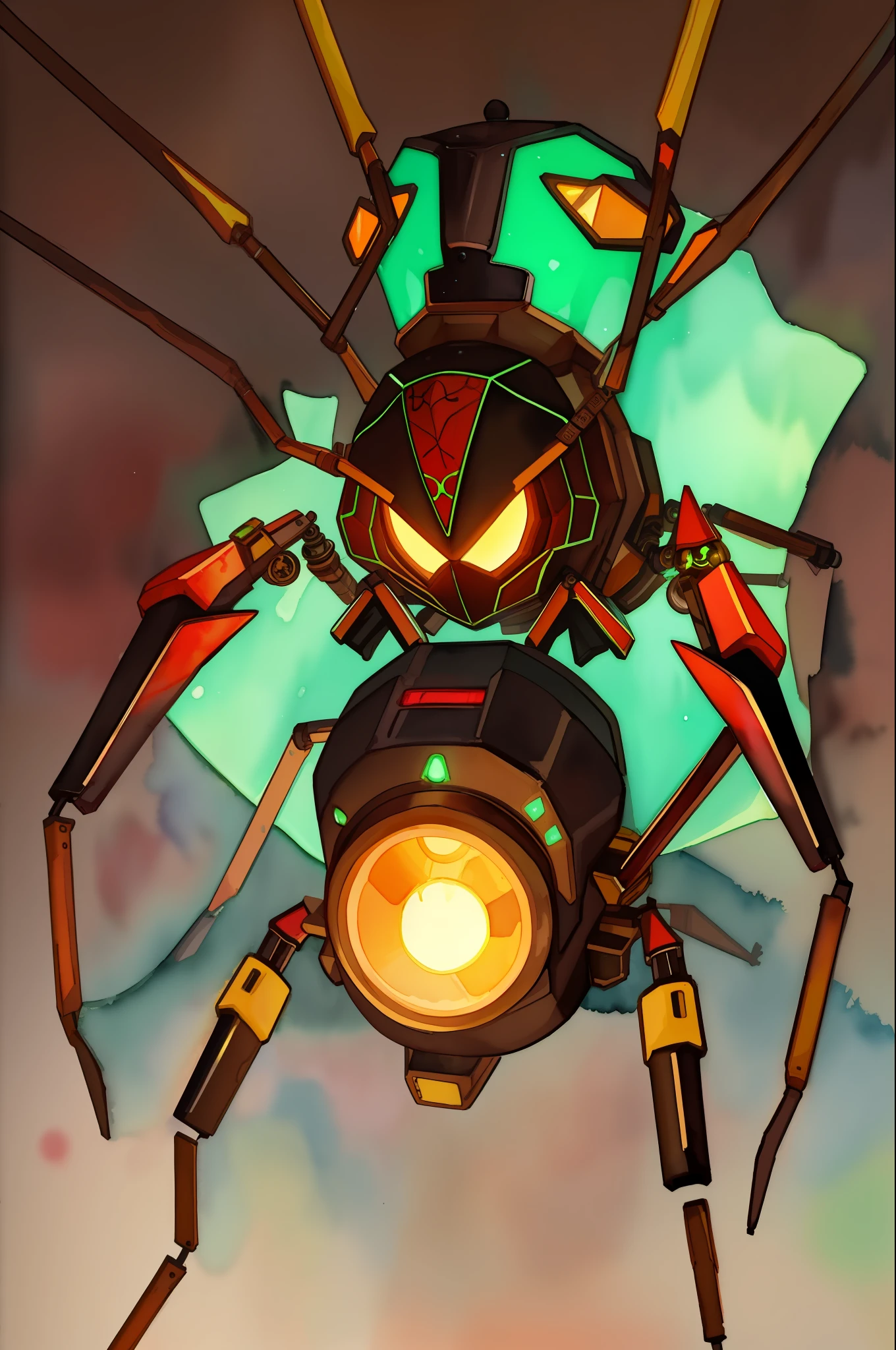 Aurora Firepot Spider which is a mechanical spider, abdomen is dark brown with neon green, brown mechanical legs, this creature glows with a alchemical light show, masterpiece, best quality, (in watercolor painting style)