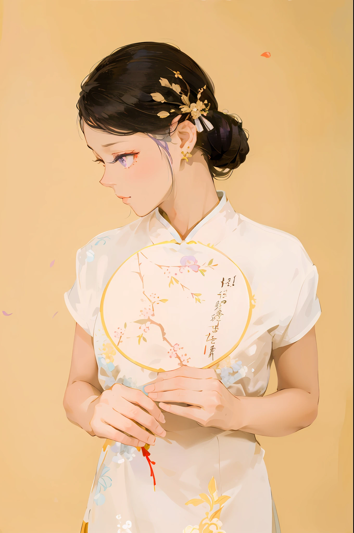 Mature girl, purple eyes, blue-white hair color, floating hair, delicate and flexible eyes, intricate damask hanfu, gorgeous accessories, wearing pearl earrings, fov, f/1.8, masterpiece, ancient Chinese architecture, blue sky, flower petals flying, front portrait shot, Chang'e, side lighting, sunlight on people, 8K