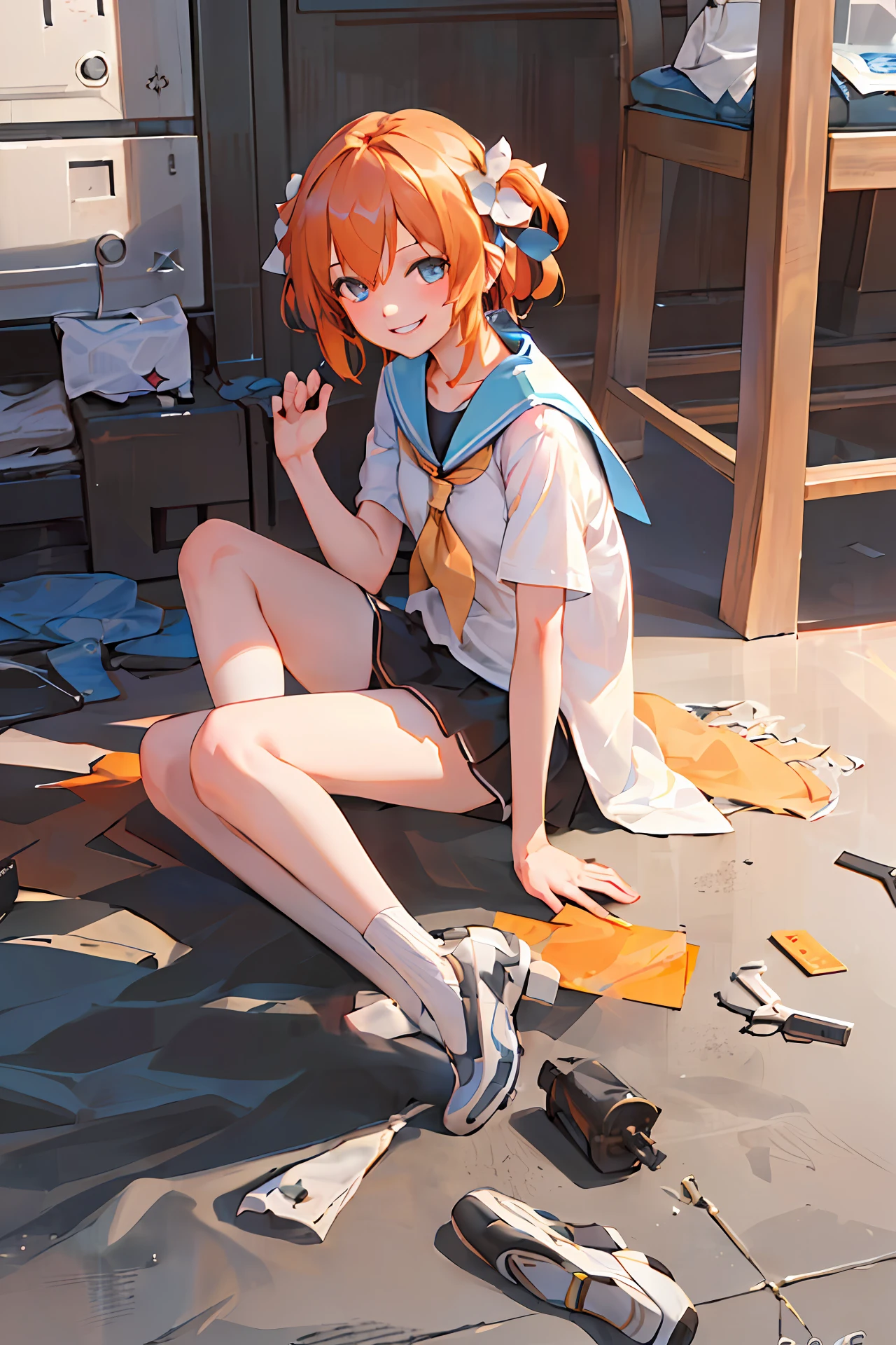 (8k, best quality, masterpiece:1.2), (realistic, photo-realistic:1.37), ultra-detailed, 1girl, solo, cute, beautiful detailed sky, (smile:1.2), (grin), beautiful detailed eyes, floating hair,(seifuku:1), stockings, full body,street,thin