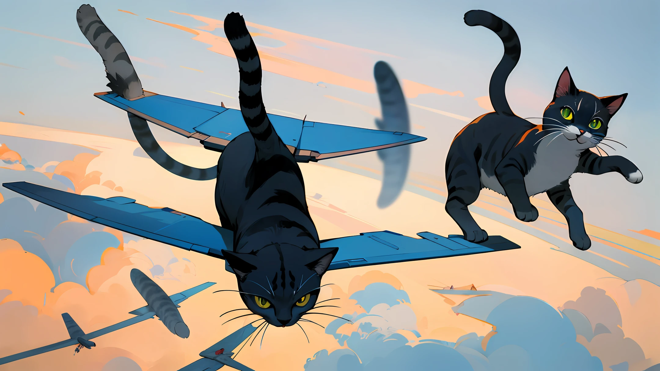 Cats fly in the air with wings